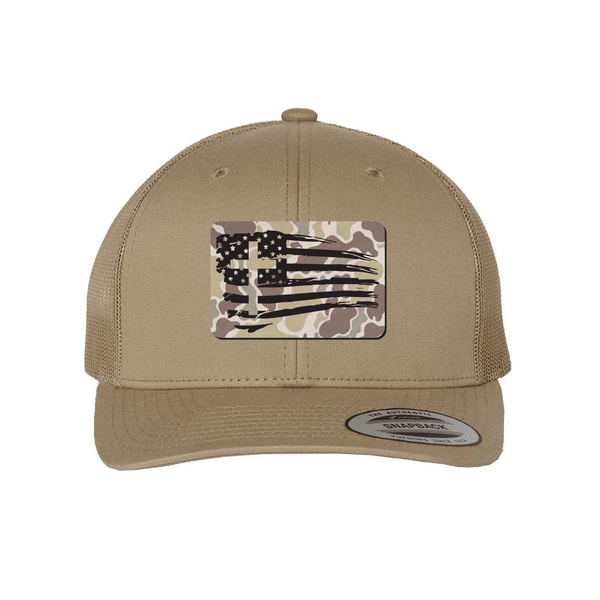 Tattered Flag Cross Duck Camo Patch Hat, Snapback in Khaki
