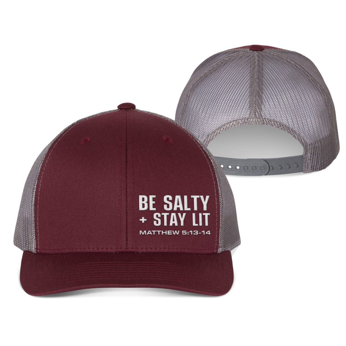 Our True God Hat Snapback / Maroon and Grey / One Size Be Salty + Stay Lit Lower Left Fall Collection Hats