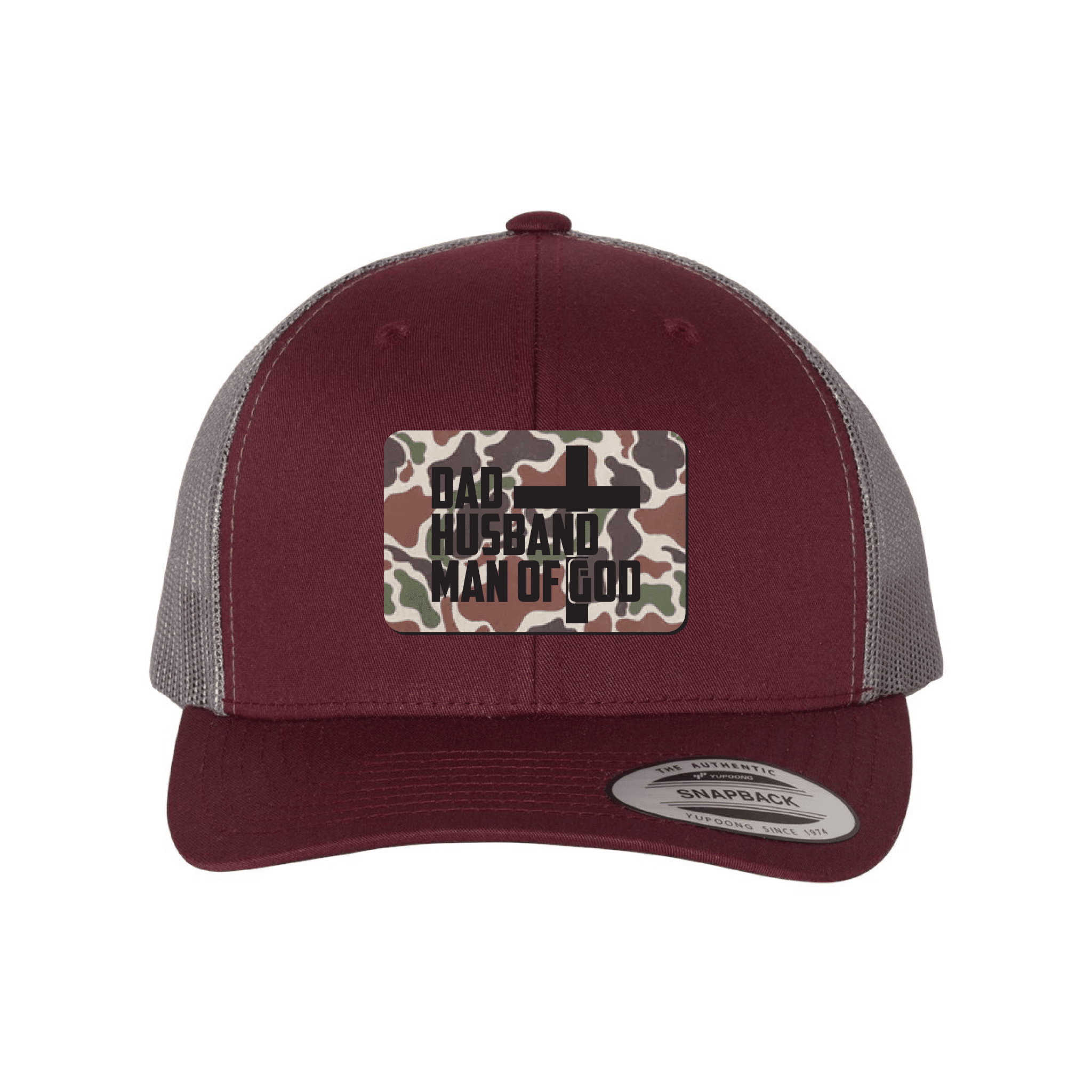 Our True God Hat Snapback / Maroon and Grey / One Size Dad, Husband, Man of God Fowl Play Camo Patch Fall Collection Hats