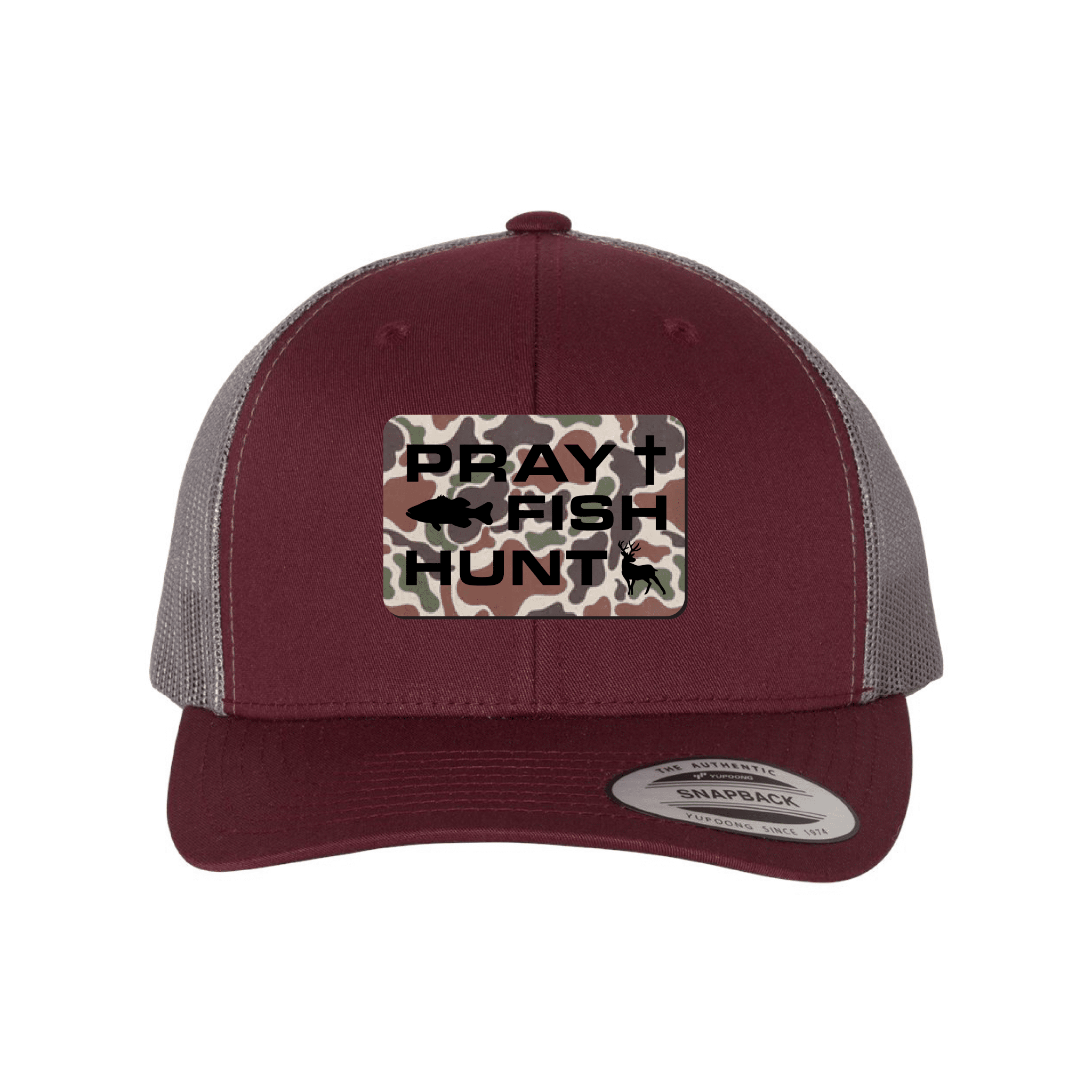 Our True God Hat Snapback / Maroon and Grey / One Size Pray Fish Hunt Fowl Play Camo Patch Fall Collection Hats