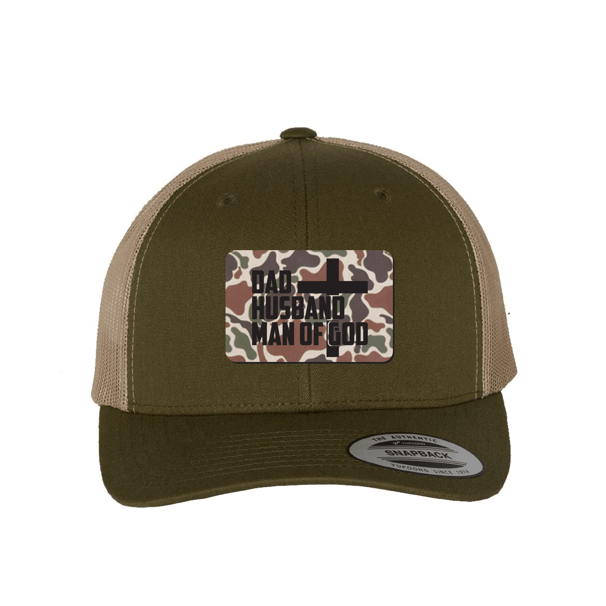 Our True God Hat Snapback / Moss and Khaki / One Size Dad, Husband, Man of God Fowl Play Camo Patch Fall Collection Hats