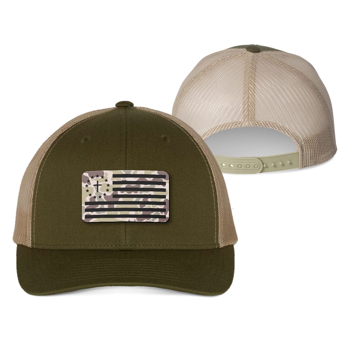 Our True God Hat Snapback / Moss and Khaki / One Size One Nation Under God Flag Duck Camo Patch Fall Collection Hats