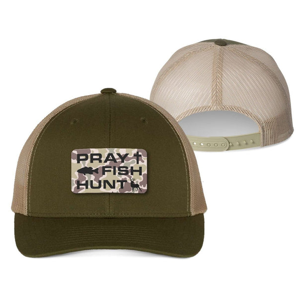 Pray Fish Hunt Duck Camo Patch Hat, Snapback in Moss and Khaki