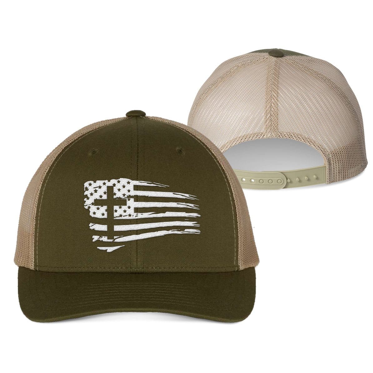 Our True God Hat Snapback / Moss and Khaki / One Size Tattered Flag Cross Fall Collection Hats