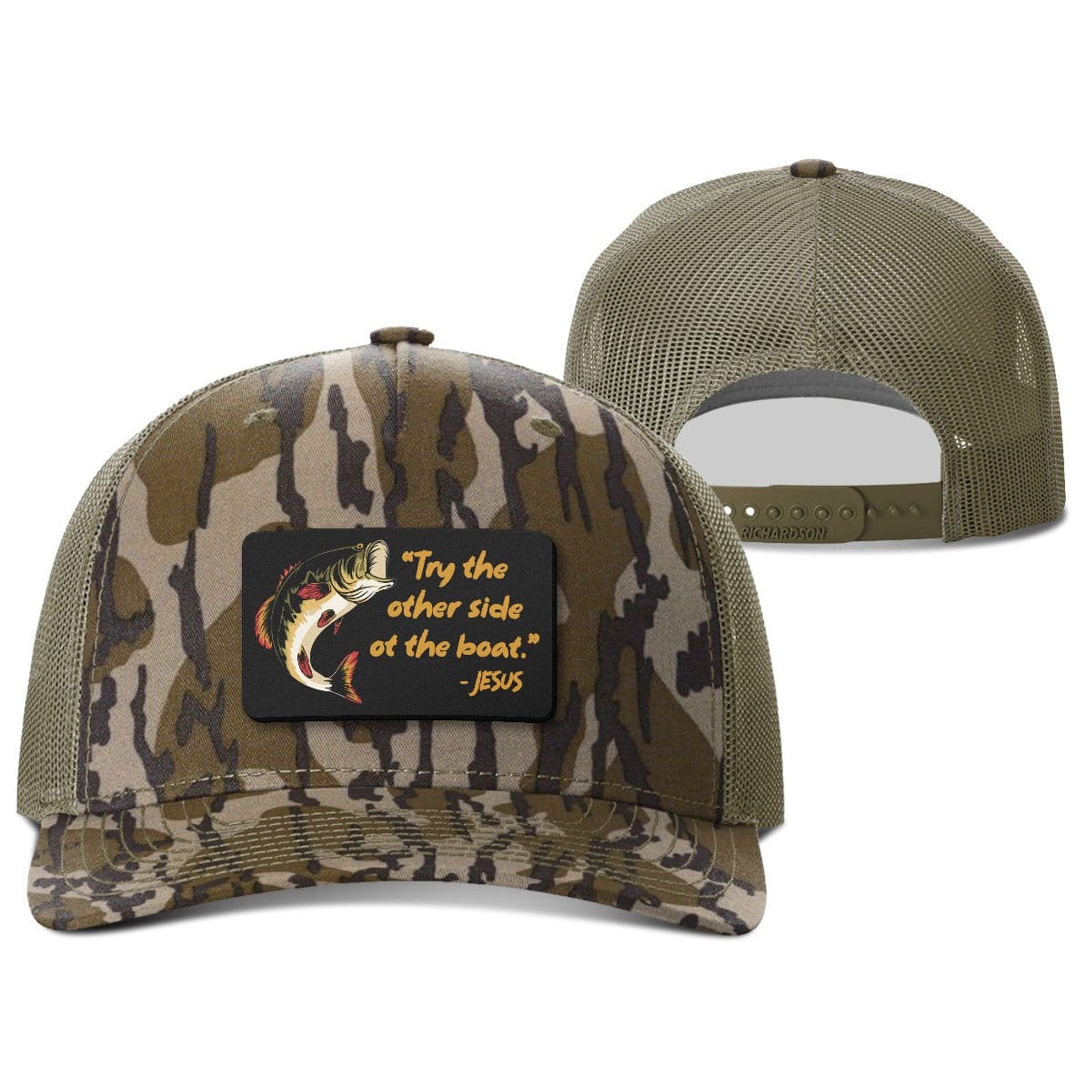 Our True God Hat Snapback / Mossy Oak Bottomland and Loden / One Size Try The Other Side Of The Boat Patch Hunting Hats