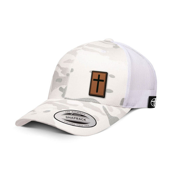 Cross Leather Patch Camo Hat, Snapback in Multi alpine and White