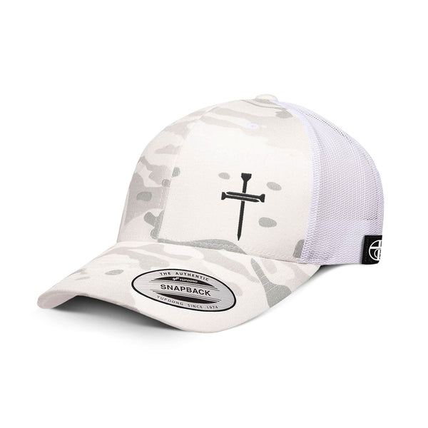 Nail Cross Lower Left Camo Hat, Snapback in Multi alpine and White
