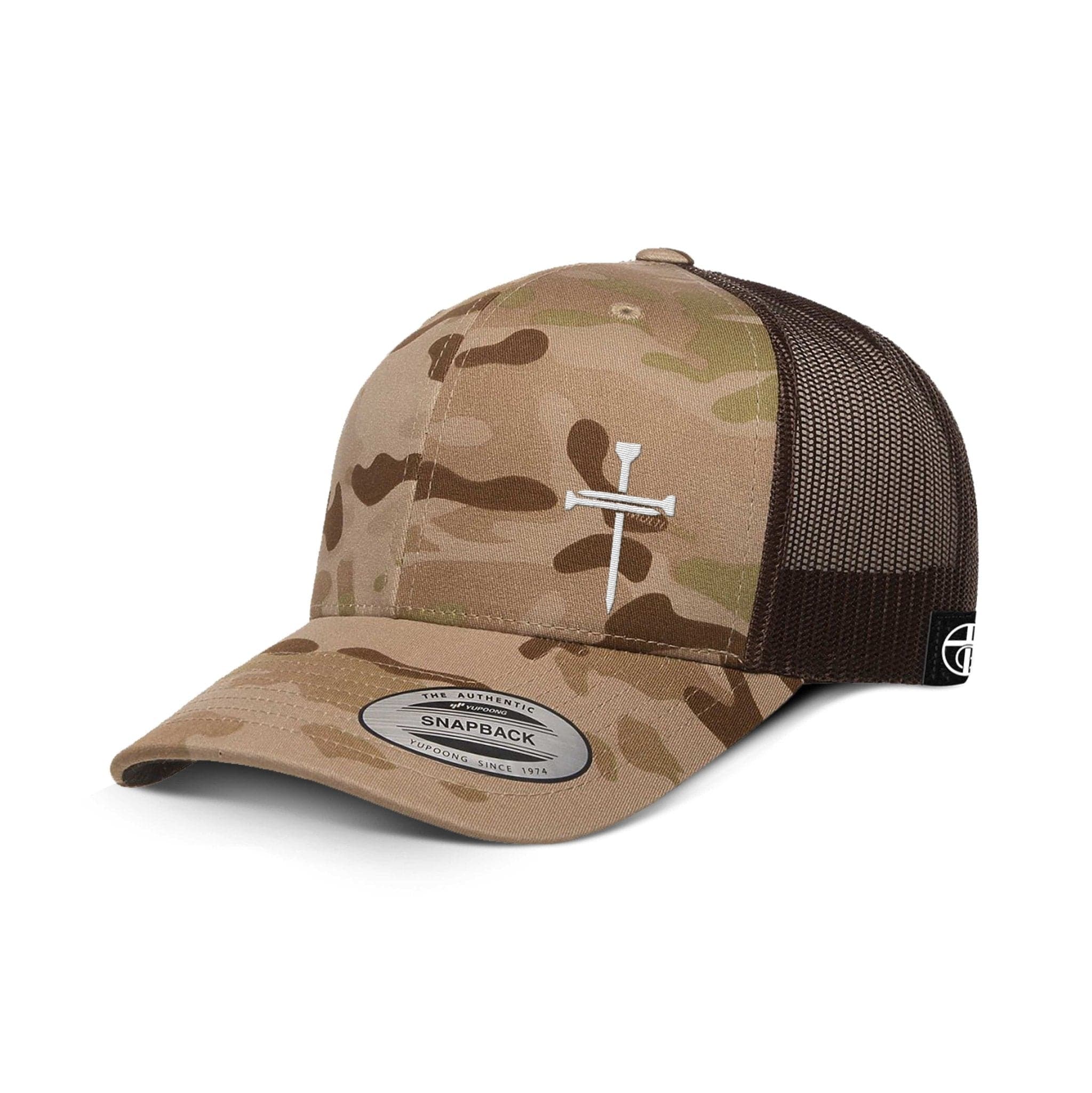 Our True God Hat Snapback / Multicam arid and Brown / One Size Nail Cross Lower Left Camo Hats