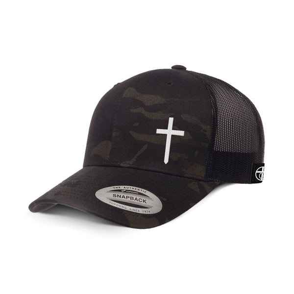 Cross Lower Left Camo Hat, Snapback in Multicam Black and Black