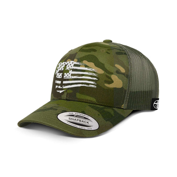 Tattered Flag Cross Camo Hat, Snapback in Multicam tropic and Green