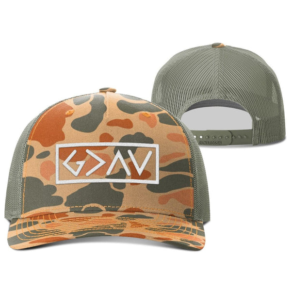 God is Greater Than the Highs and Lows Duck Camo Hat, Snapback in Sienna Duck Camo and Loden