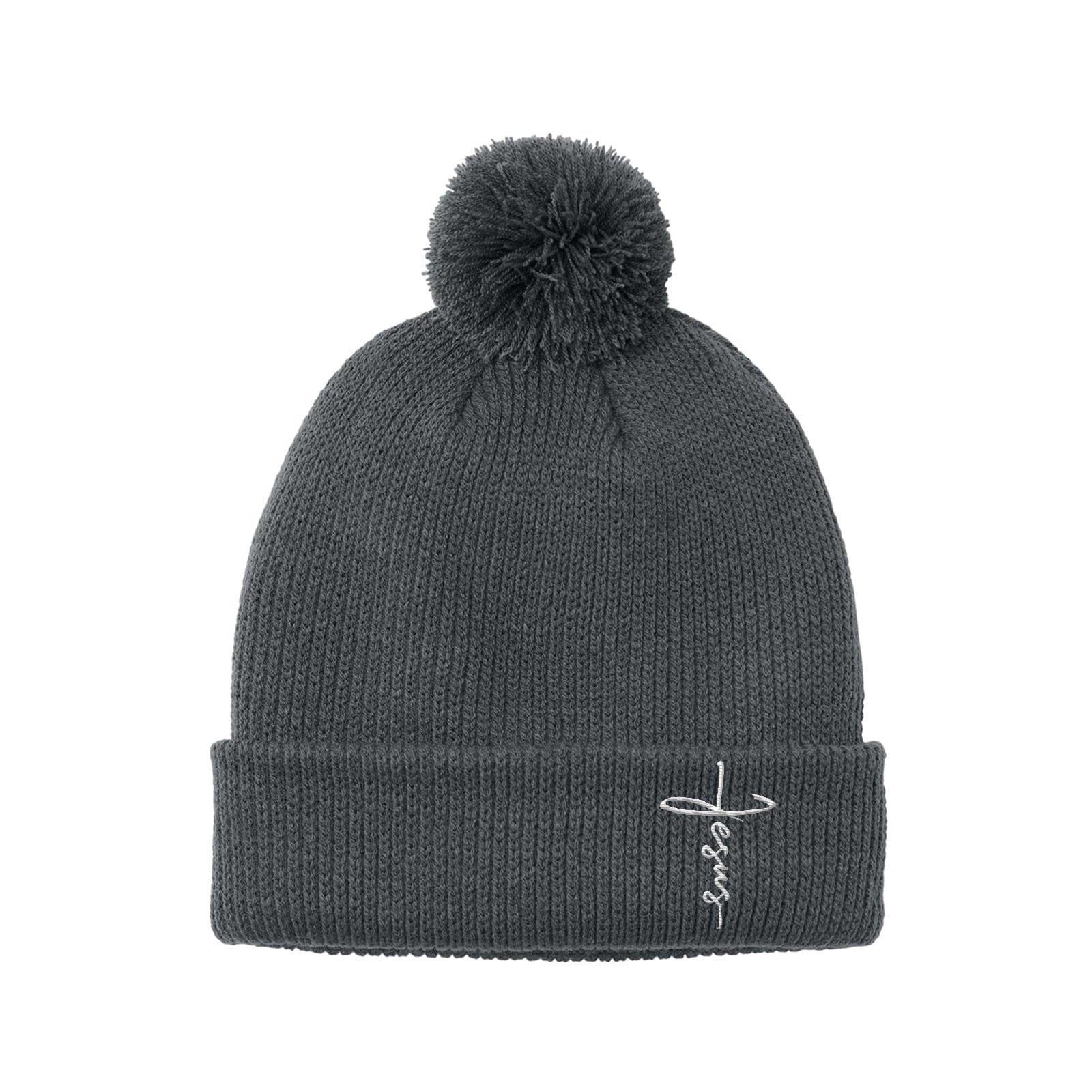 Our True God Hat Solid Pom Beanies / Storm Grey / One Size Jesus Cross Lower Left Pom Beanies