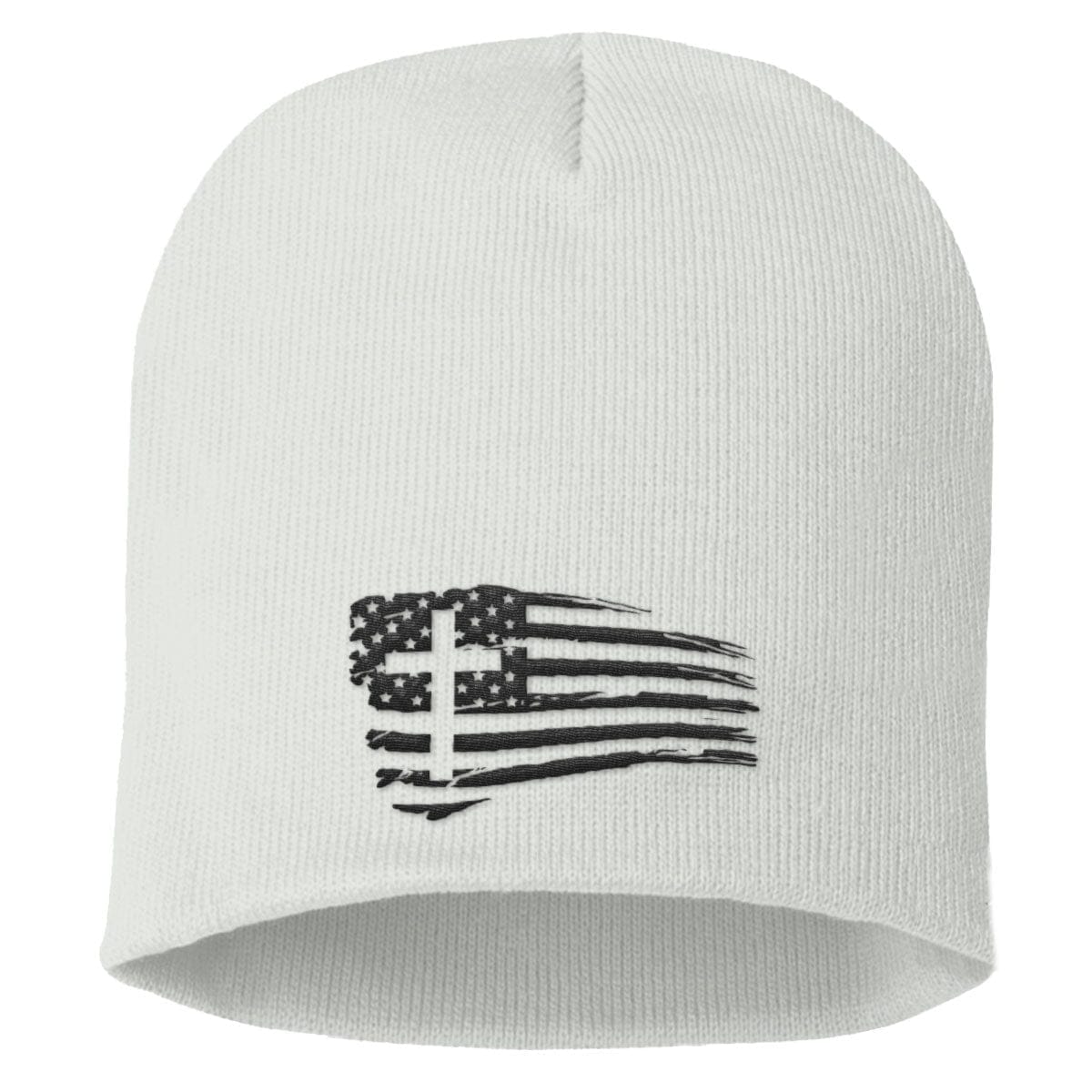 Our True God Hat Uncuffed Beanies / White / One Size Tattered Flag Cross Beanies
