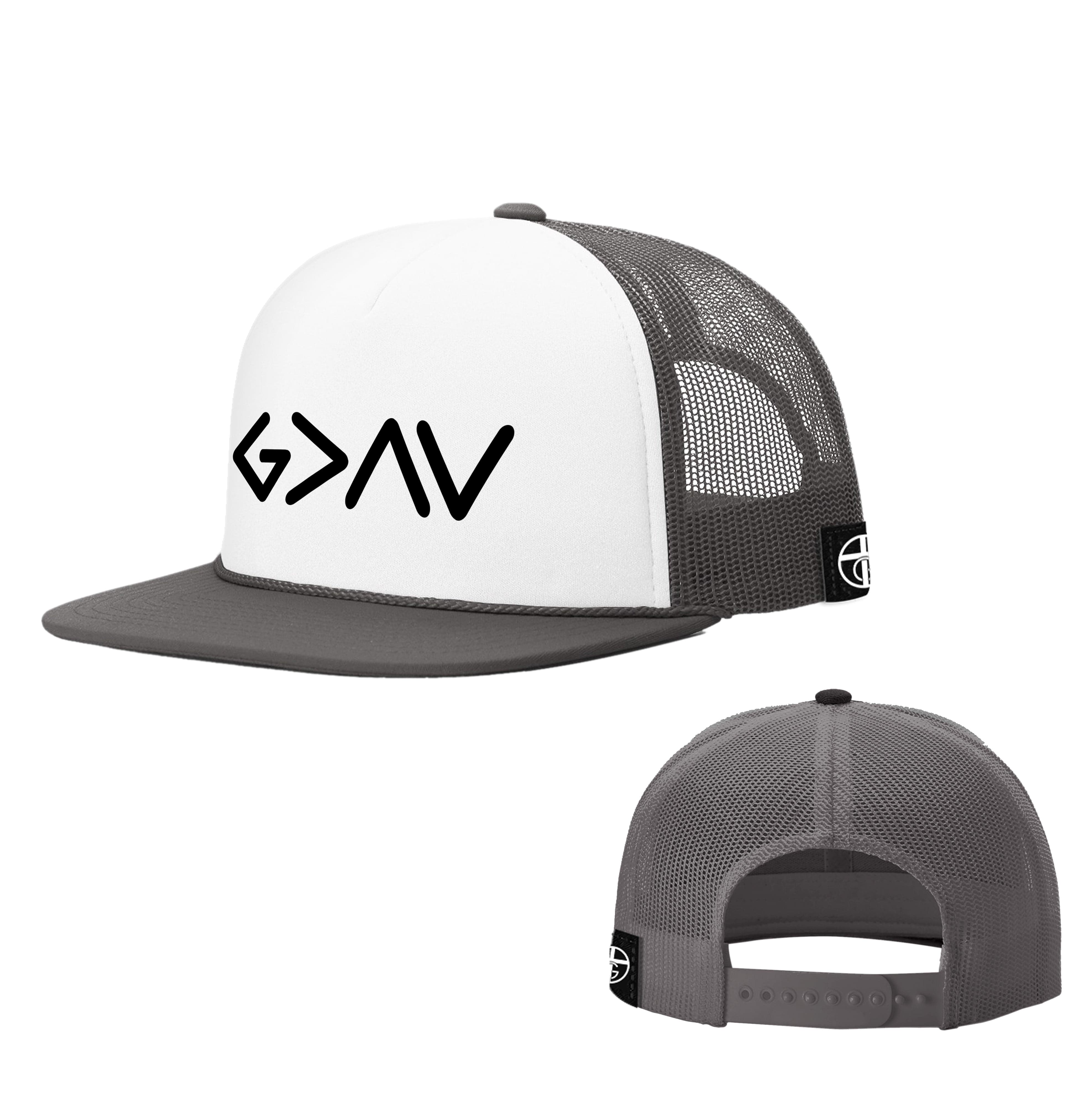 Our True God Hat White and Charcoal / One Size G>ΛV - God is Greater Than the Highs and Lows Foam Trucker Hats