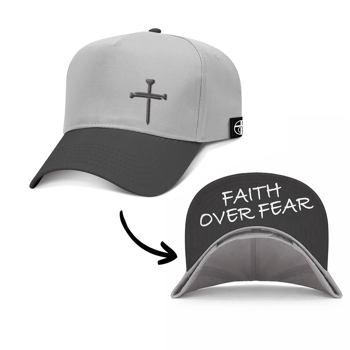 OurTrueGod Customs Hat Baseball / Black and Grey / One Size 3 Nail Cross - Faith Over Fear Two Tone Prayer Print Hats