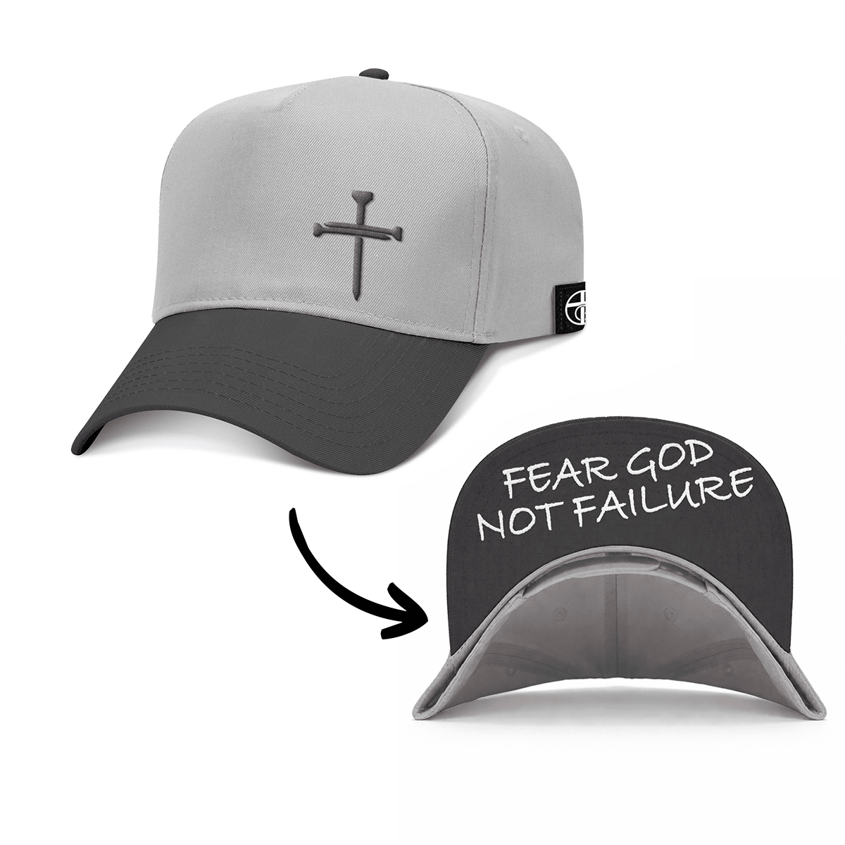 OurTrueGod Customs Hat Baseball / Black and Grey / One Size 3 Nail Cross - Fear God Not Failure Two Tone Prayer Print Hats