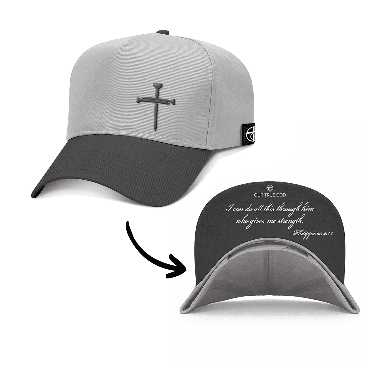OurTrueGod Customs Hat Baseball / Black and Grey / One Size 3 Nail Cross - Philippians 4:13 Two Tone Prayer Print Hats