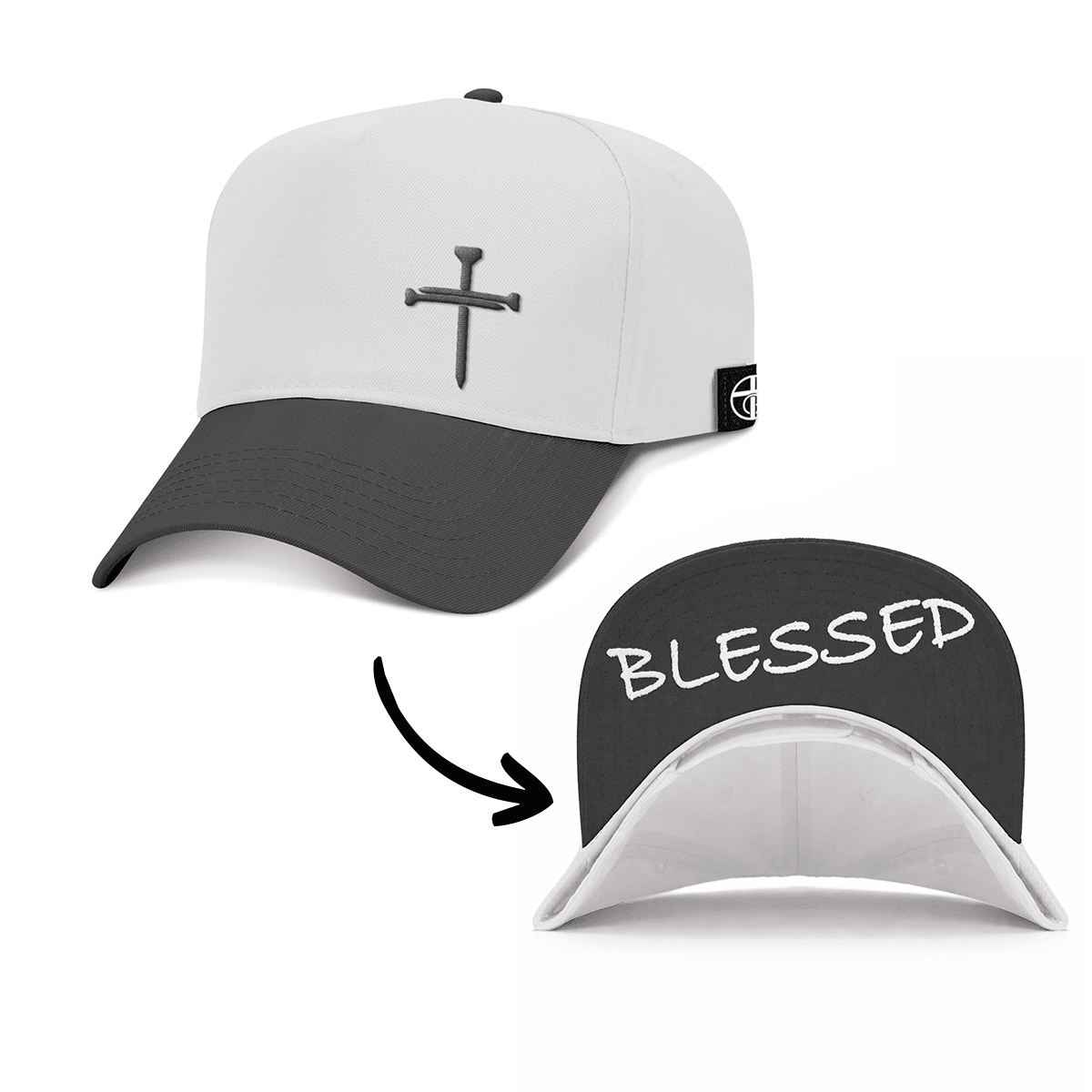 OurTrueGod Customs Hat Baseball / Black and White / One Size 3 Nail Cross - Blessed Two Tone Prayer Print Hats