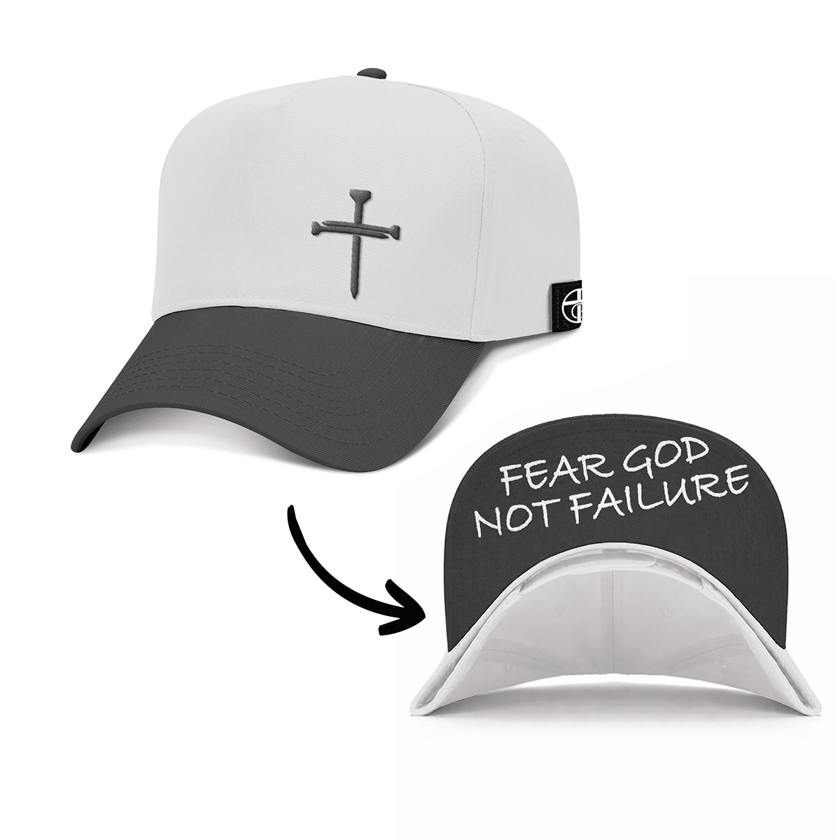 OurTrueGod Customs Hat Baseball / Black and White / One Size 3 Nail Cross - Fear God Not Failure Two Tone Prayer Print Hats