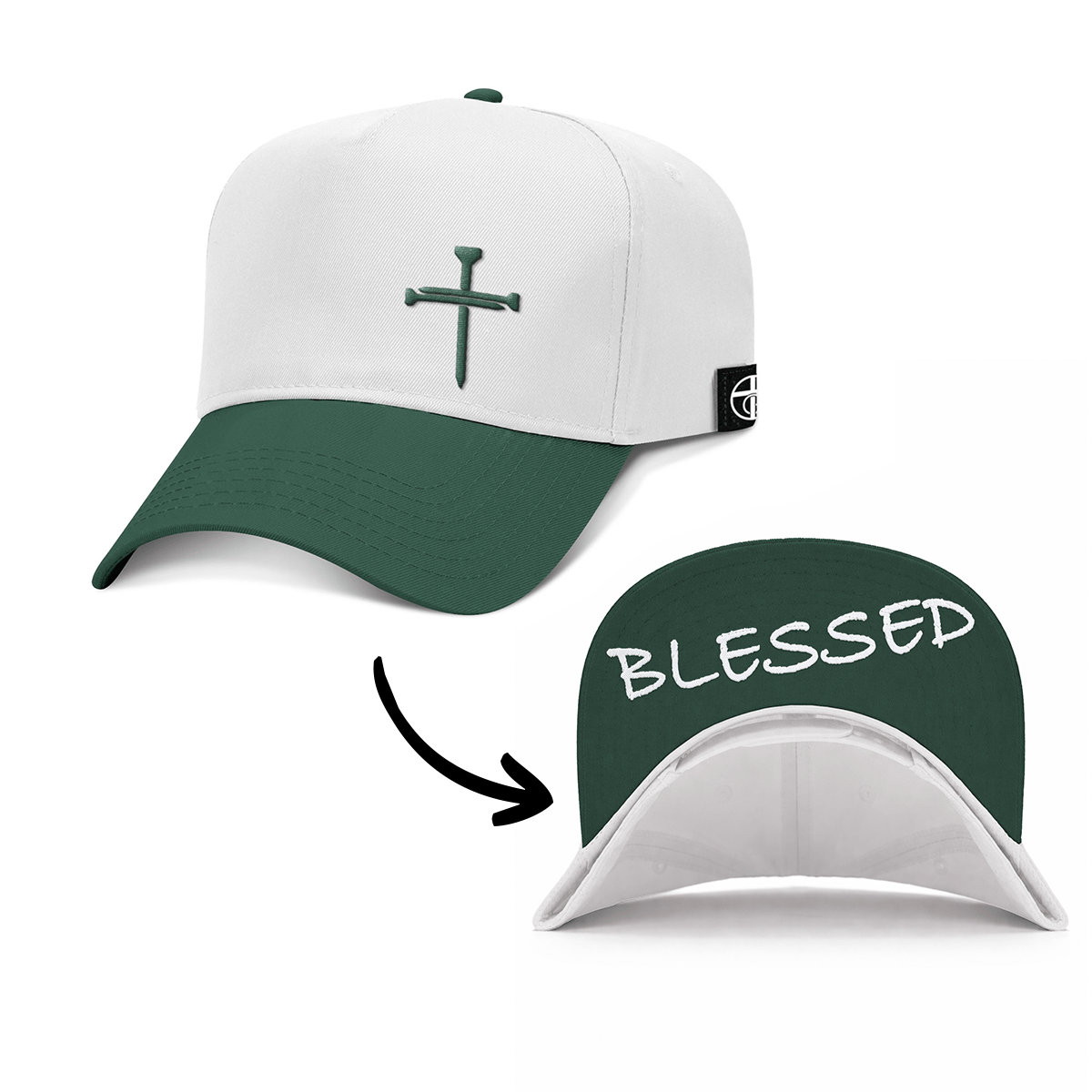 OurTrueGod Customs Hat Baseball / Dark Green and White / One Size 3 Nail Cross - Blessed Two Tone Prayer Print Hats