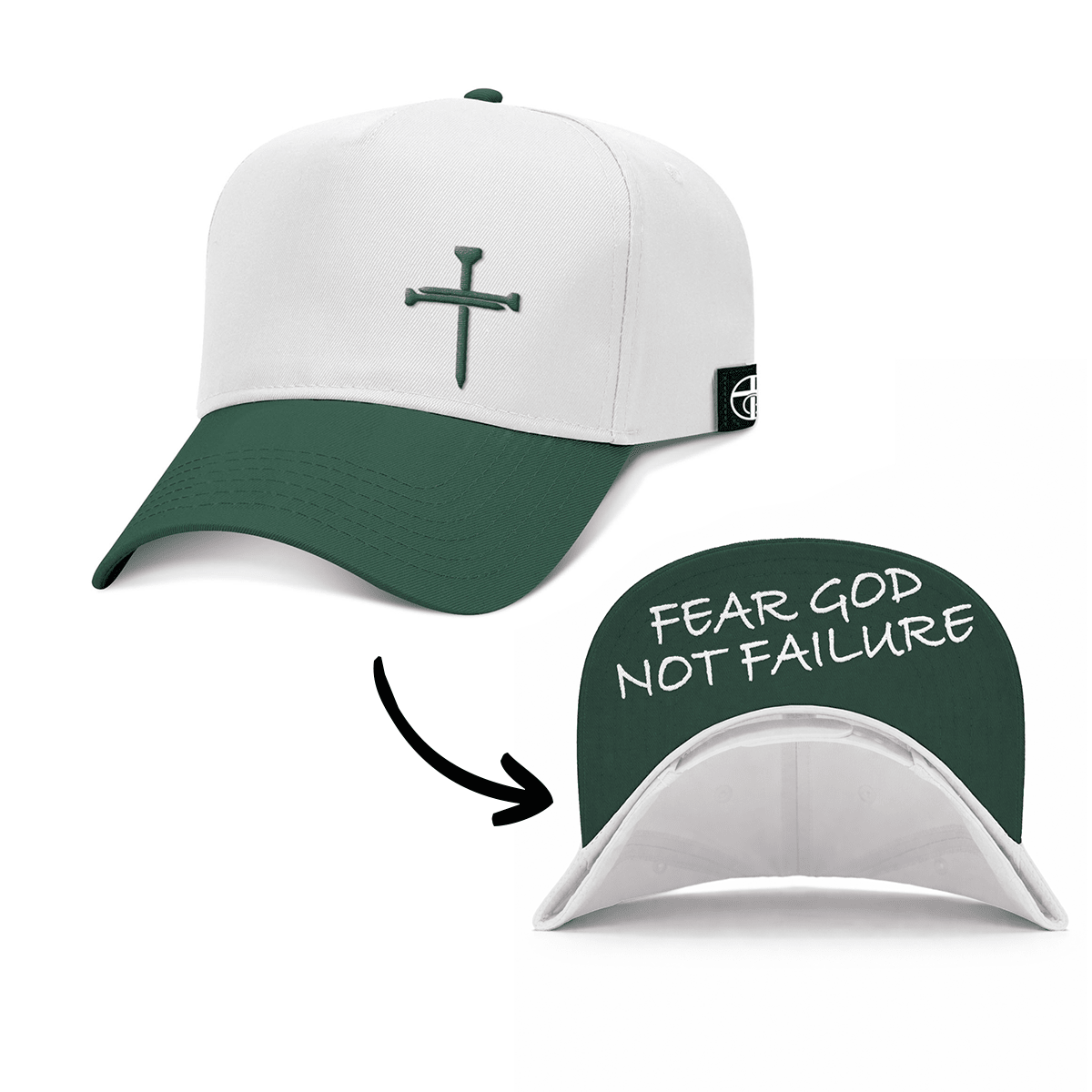 OurTrueGod Customs Hat Baseball / Dark Green and White / One Size 3 Nail Cross - Fear God Not Failure Two Tone Prayer Print Hats