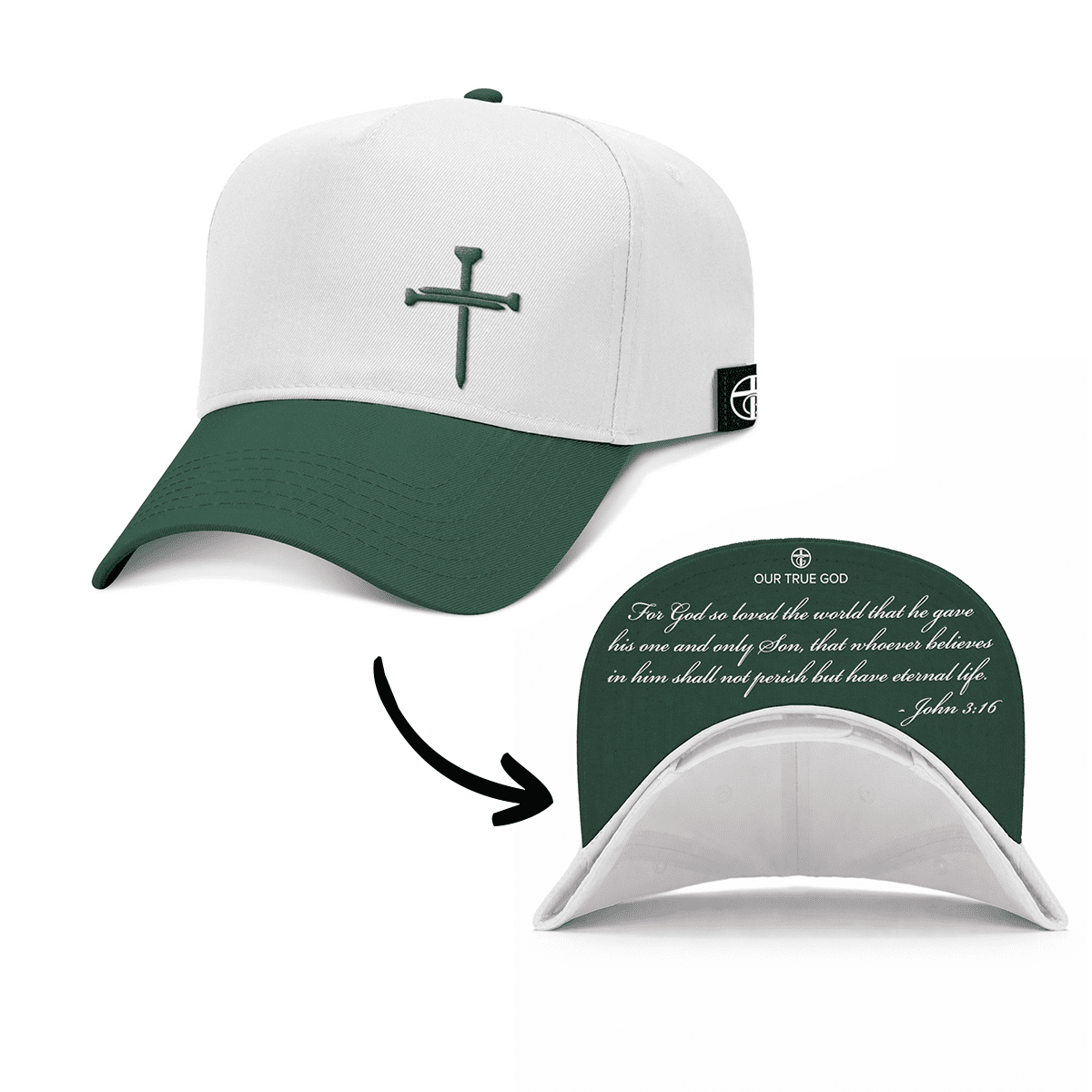 OurTrueGod Customs Hat Baseball / Dark Green and White / One Size 3 Nail Cross - John 3:16 Two Tone Prayer Print Hats