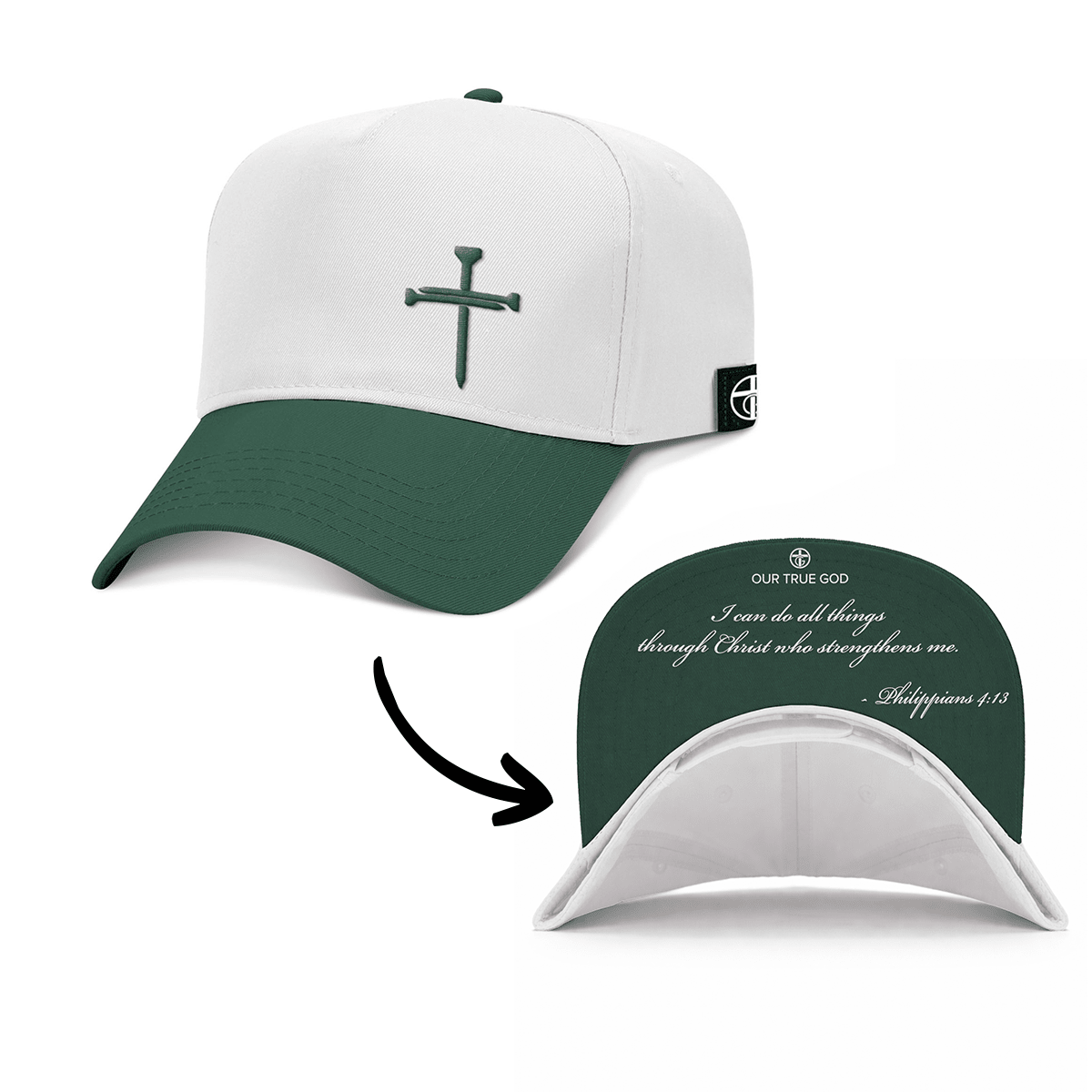 OurTrueGod Customs Hat Baseball / Dark Green and White / One Size 3 Nail Cross - Philippians 4:13 KJV Version Two Tone Prayer Print Hats