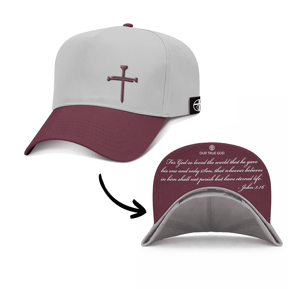 OurTrueGod Customs Hat Baseball / Maroon and Grey / One Size 3 Nail Cross - John 3:16 Two Tone Prayer Print Hats