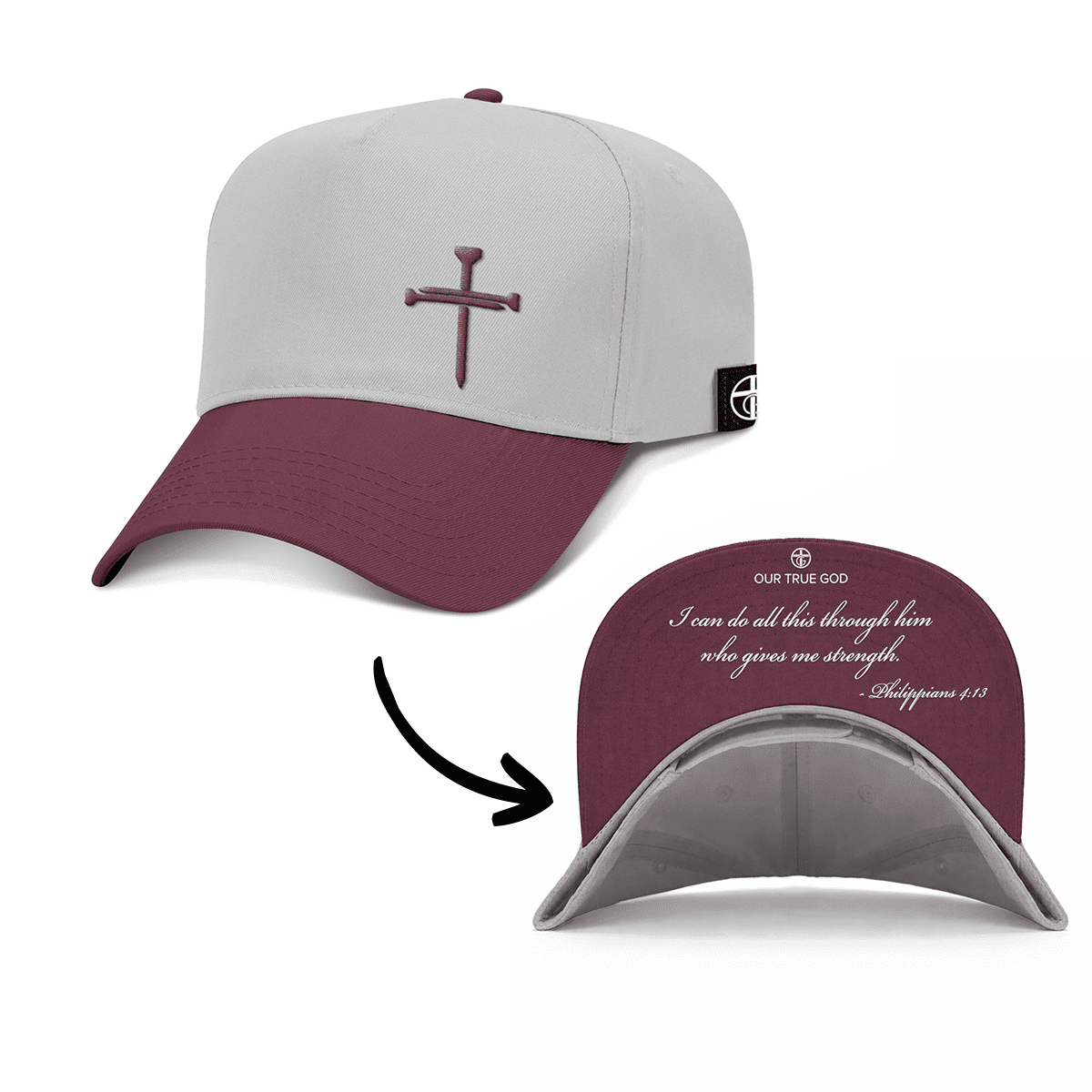 OurTrueGod Customs Hat Baseball / Maroon and Grey / One Size 3 Nail Cross - Philippians 4:13 Two Tone Prayer Print Hats