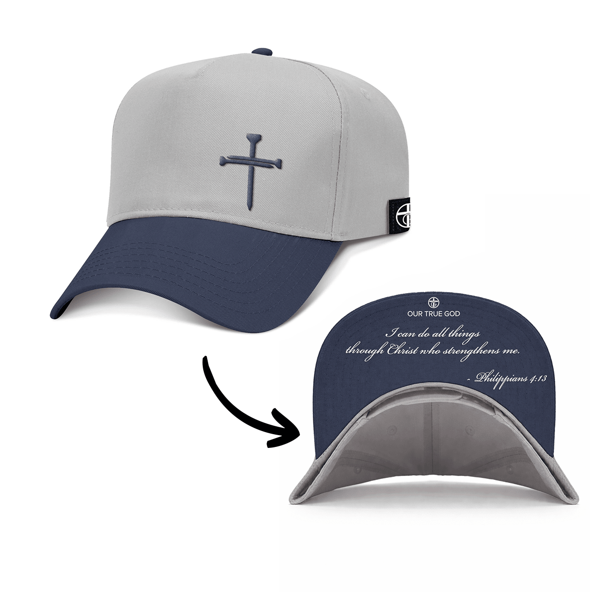 OurTrueGod Customs Hat Baseball / Navy and Grey / One Size 3 Nail Cross - Philippians 4:13 KJV Version Two Tone Prayer Print Hats