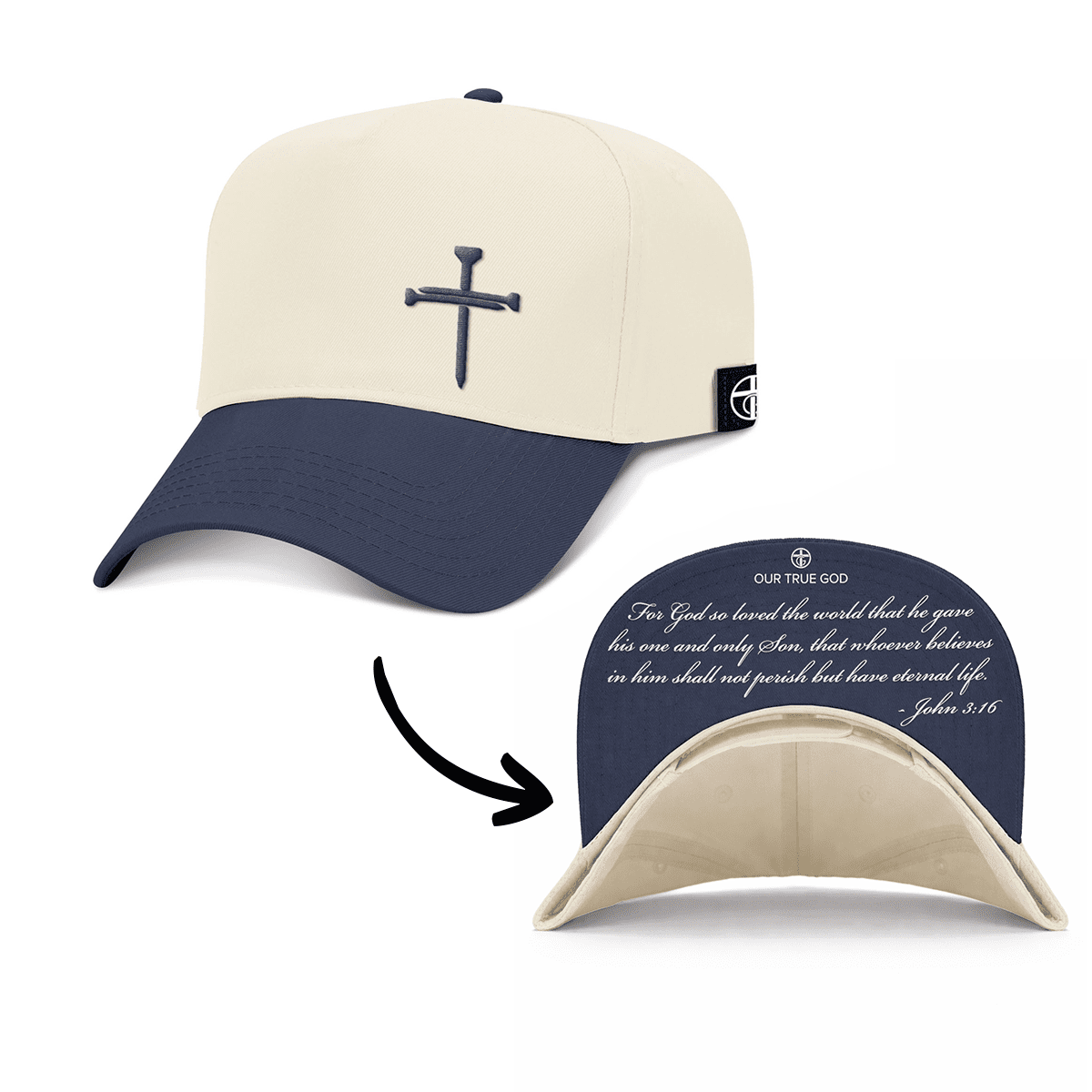 OurTrueGod Customs Hat Baseball / Navy and Natural / One Size 3 Nail Cross - John 3:16 Two Tone Prayer Print Hats