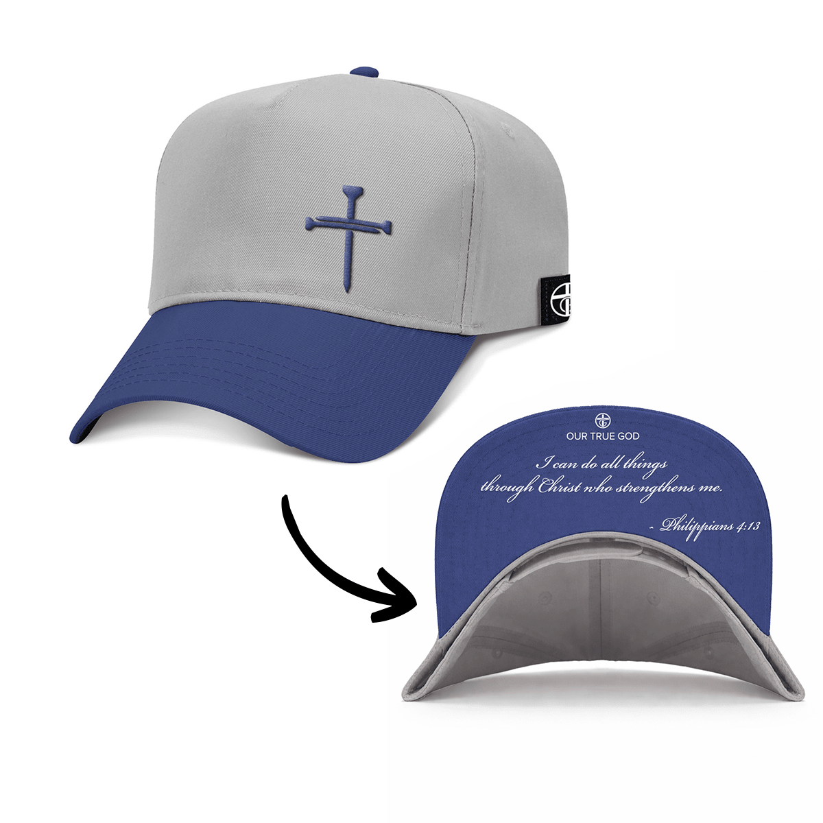 OurTrueGod Customs Hat Baseball / Royal Blue and Grey / One Size 3 Nail Cross - Philippians 4:13 KJV Version Two Tone Prayer Print Hats