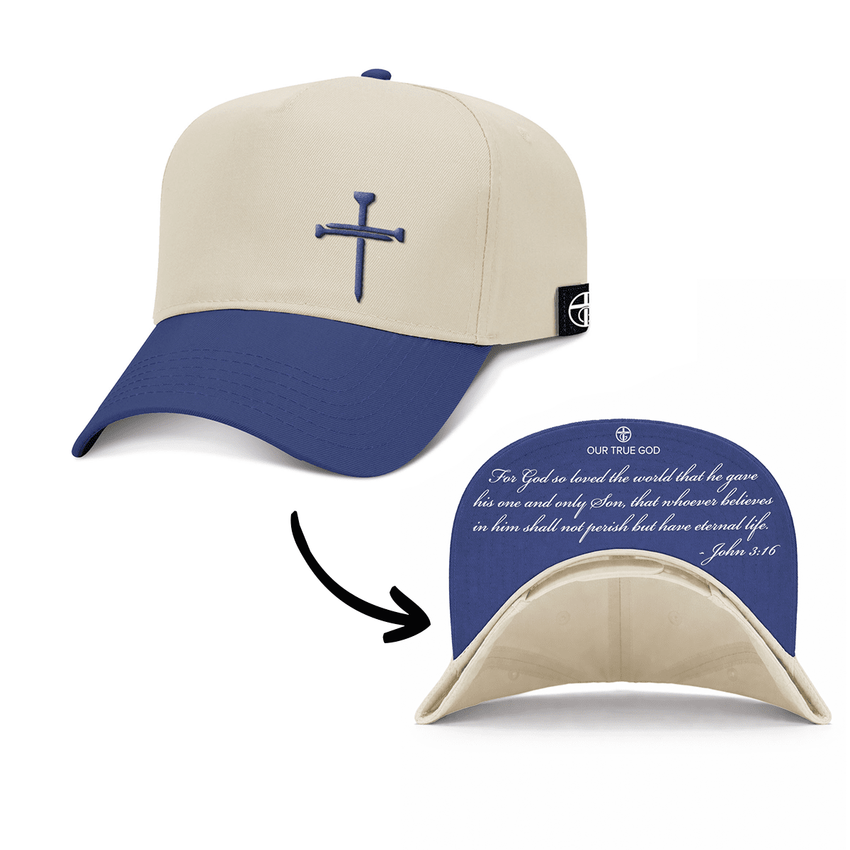 OurTrueGod Customs Hat Baseball / Royal Blue and Natural / One Size 3 Nail Cross - John 3:16 Two Tone Prayer Print Hats