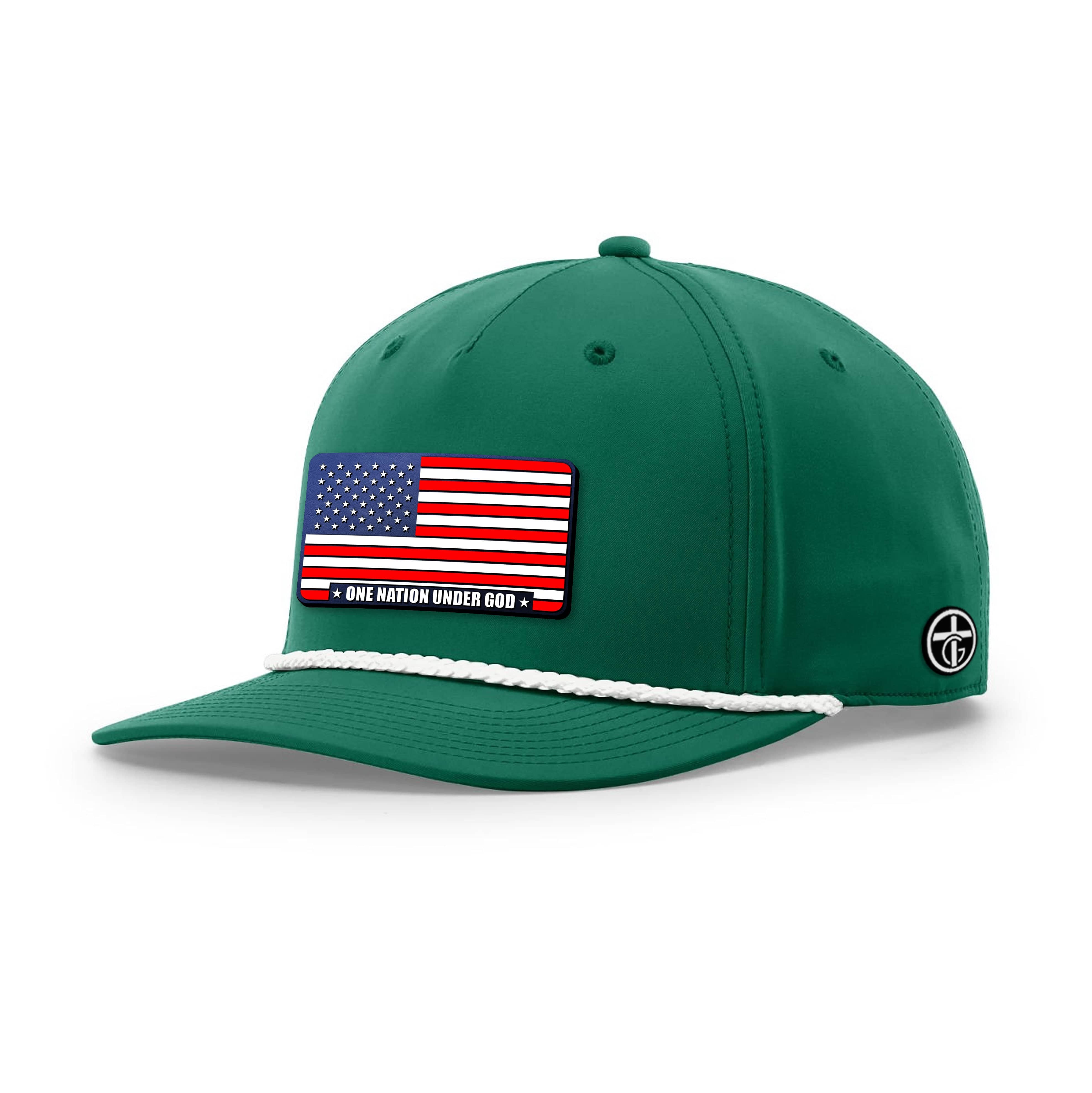 OurTrueGod Customs Hat Five Panel Classic / Kelly and White / One Size One Nation Under God Stars and Stripes Patch Rope Hats