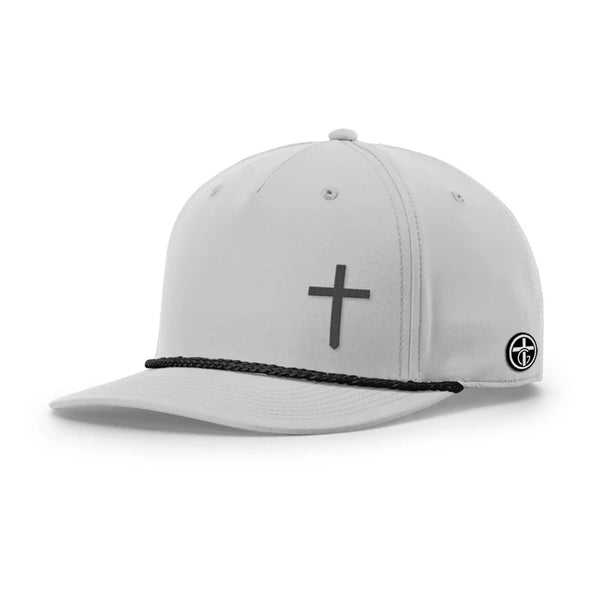 Cross Lower Left Rope Hat, Five Panel Classic in Light Grey and Black