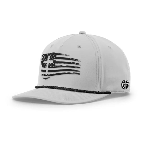 Tattered Flag Cross Rope Hat, Five Panel Classic in Light Grey and Black