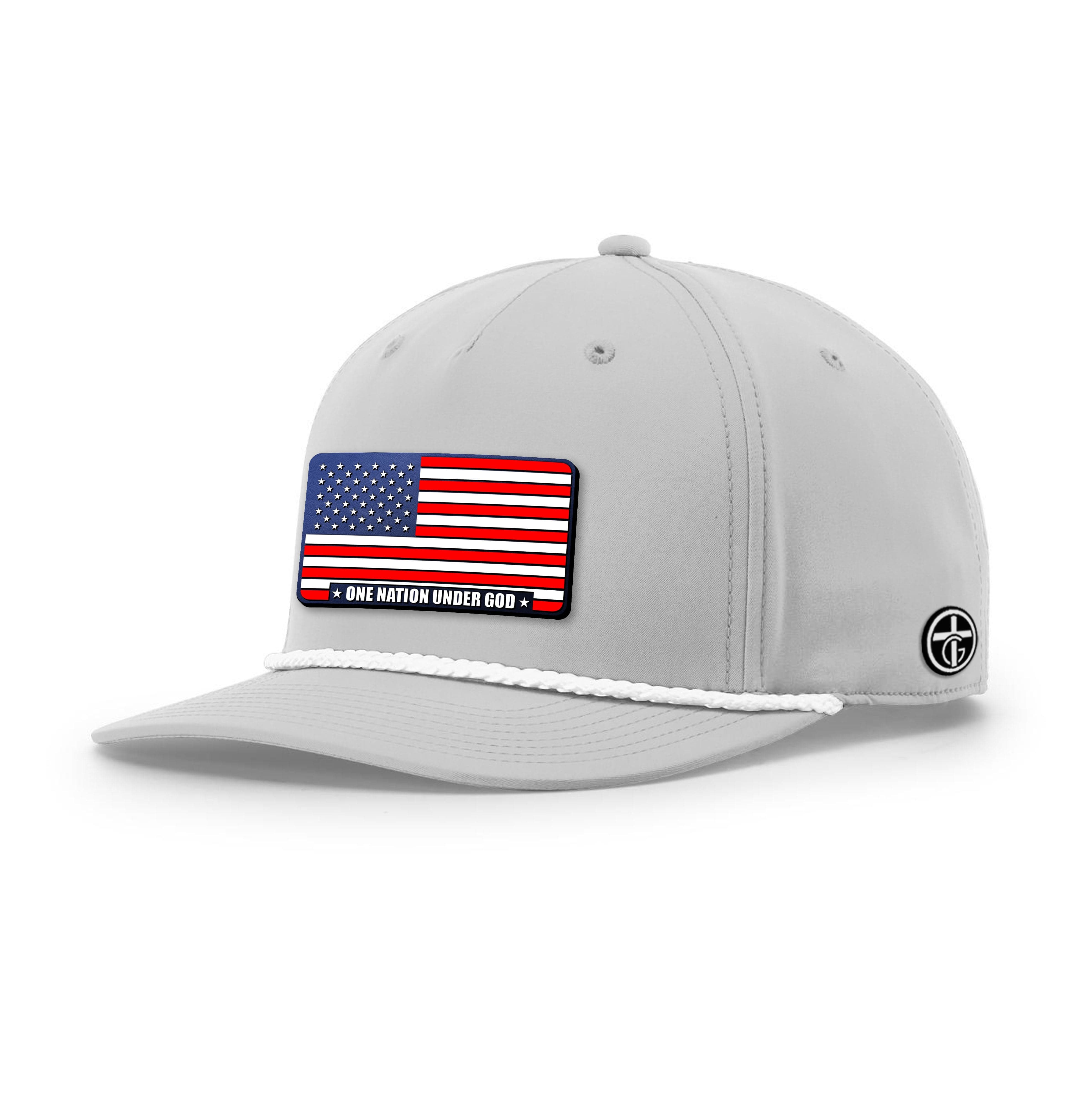 OurTrueGod Customs Hat Five Panel Classic / Light Grey and White / One Size One Nation Under God Stars and Stripes Patch Rope Hats
