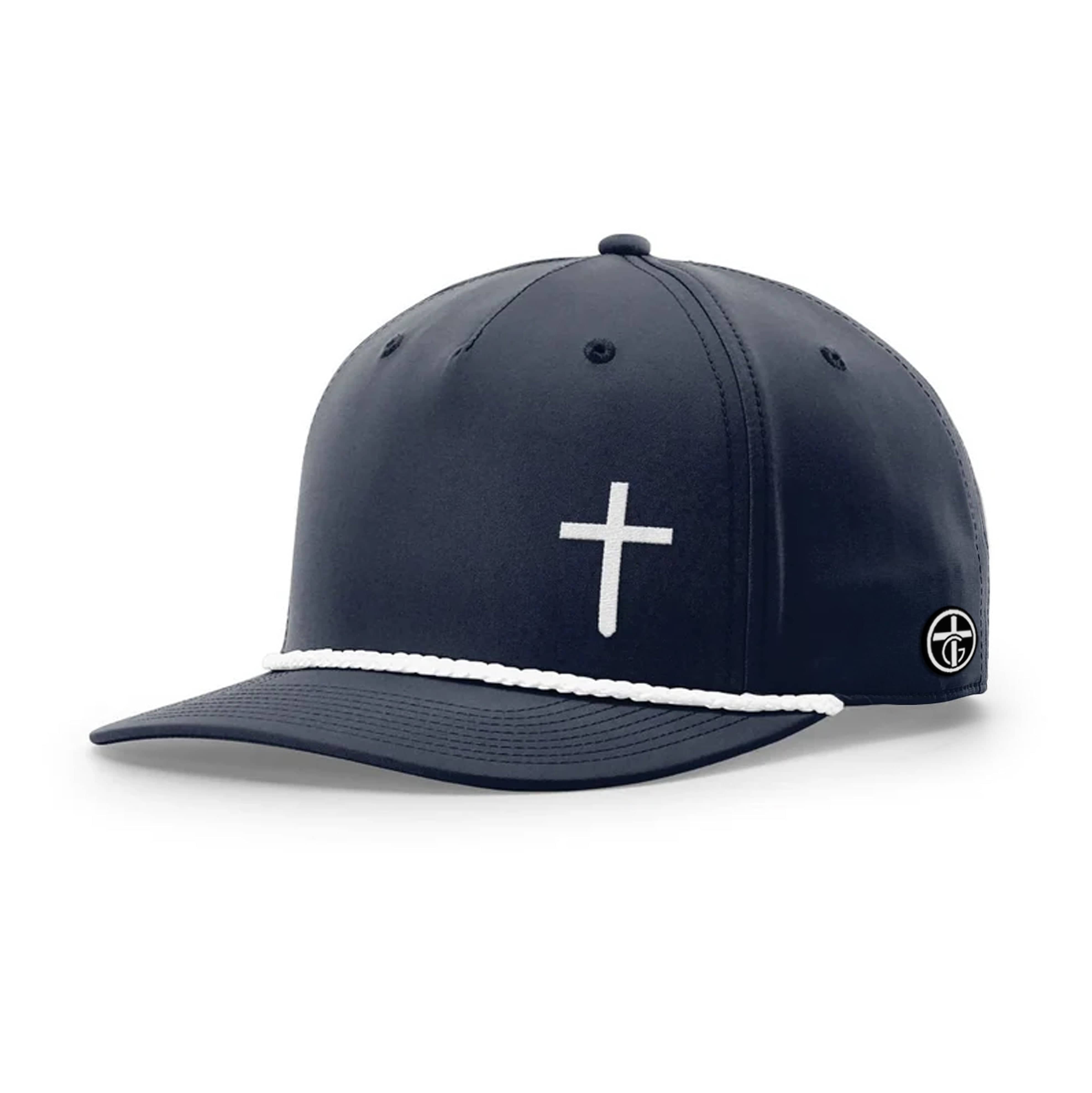 OurTrueGod Customs Hat Five Panel Classic / Navy and White / One Size Cross Lower Left Rope Hats