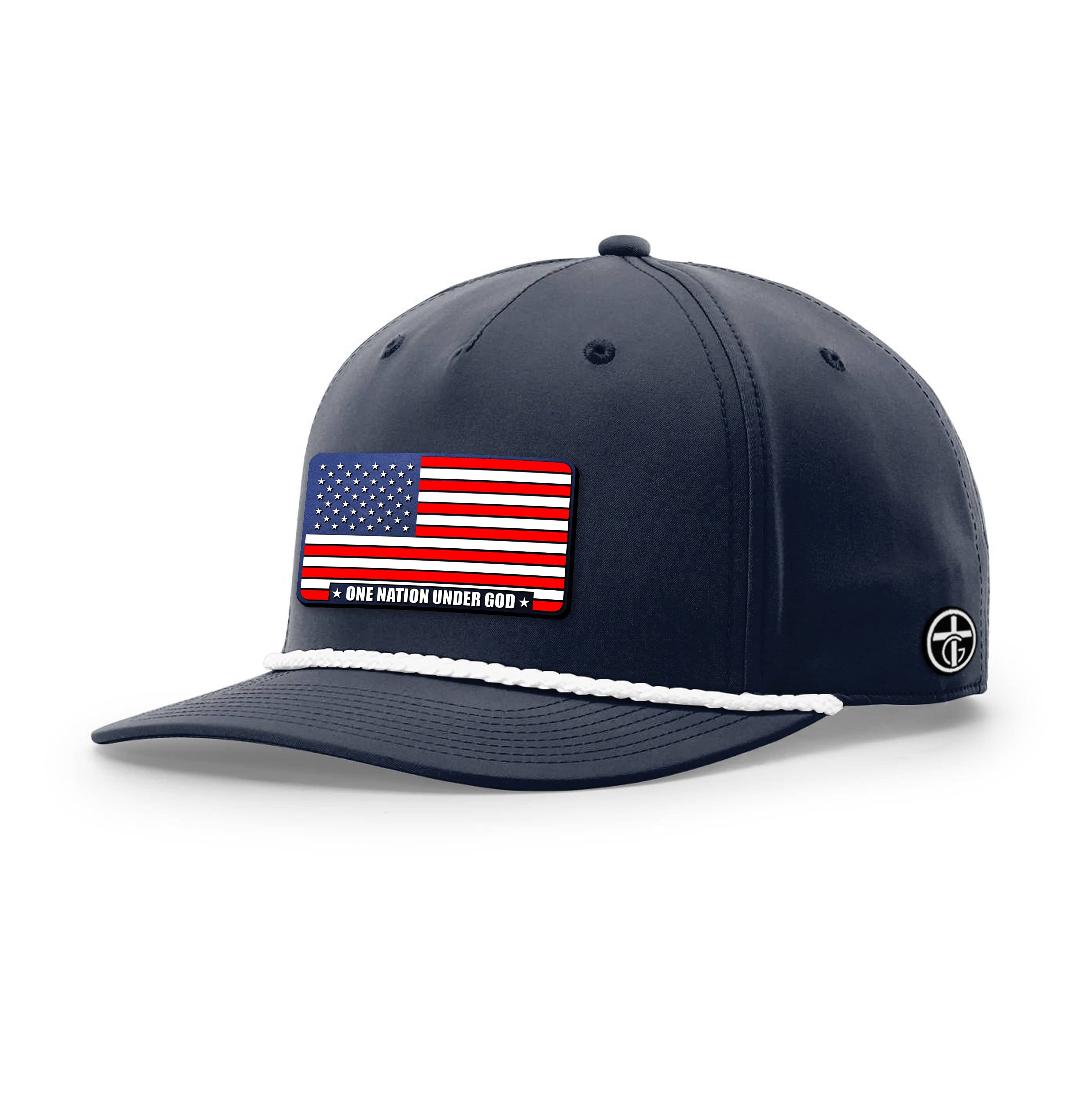 OurTrueGod Customs Hat Five Panel Classic / Navy and White / One Size One Nation Under God Stars and Stripes Patch Rope Hats