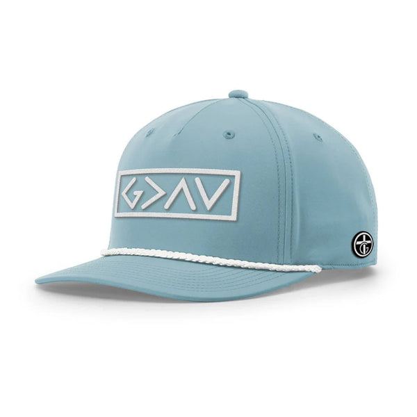 God is Greater Than the Highs and Lows Rope Hat, Five Panel Classic in Smoke Blue and White