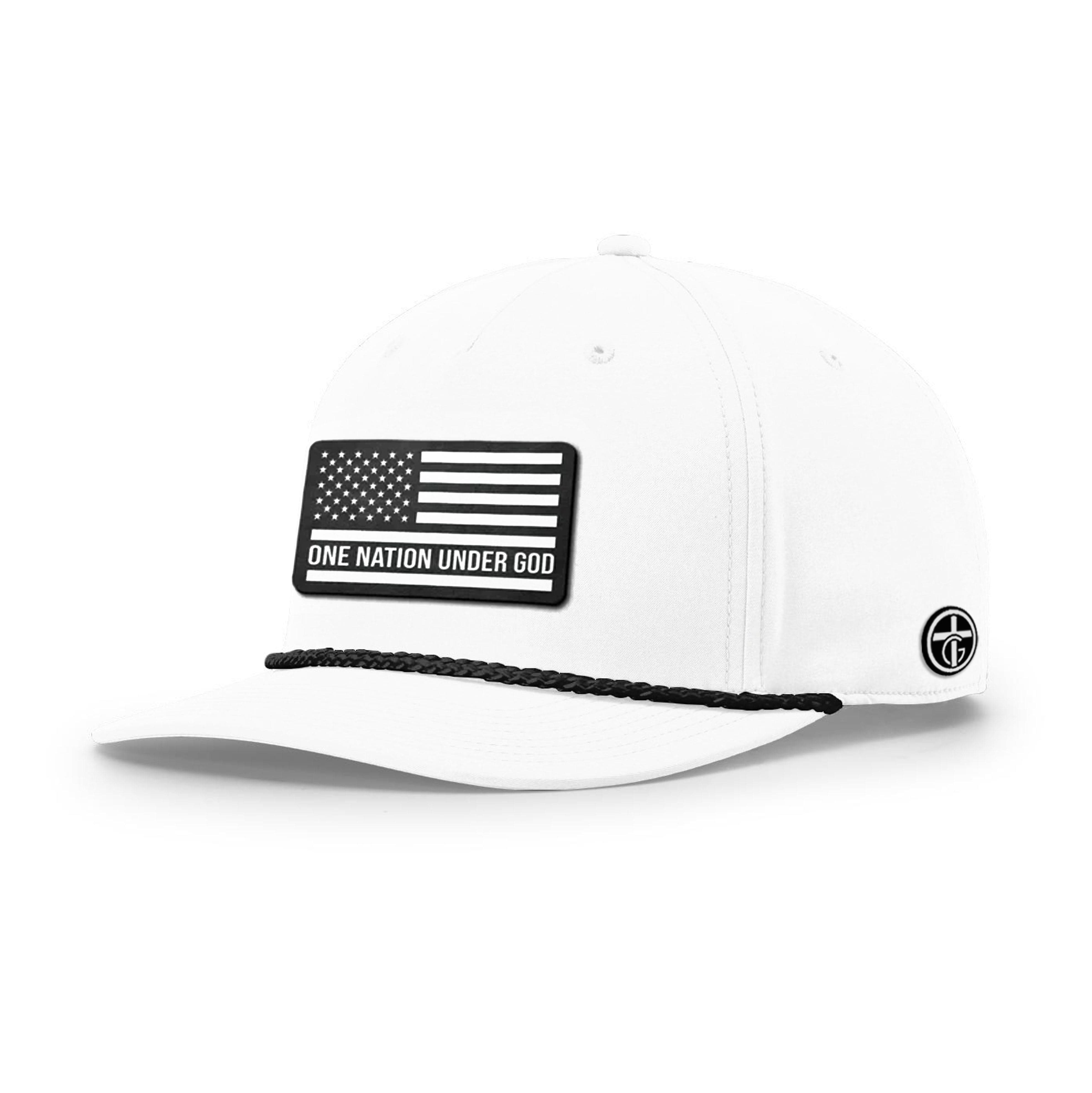 OurTrueGod Customs Hat Five Panel Classic / White and Black / One Size One Nation Under God Flag DBD Edition Patch Rope Hats