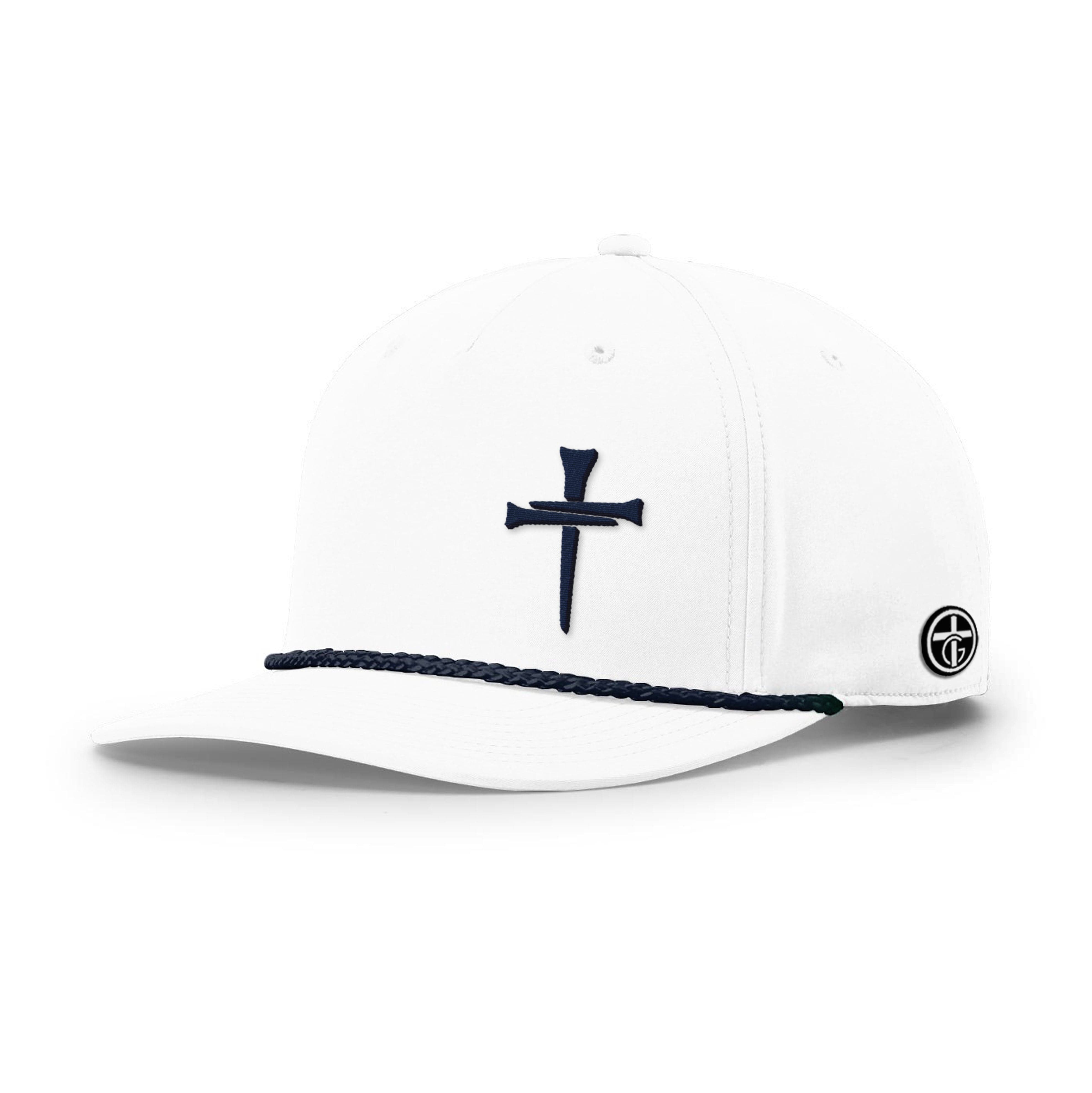 OurTrueGod Customs Hat Five Panel Classic / White and Navy / One Size 3 Tee Cross Lower Left Rope Hats
