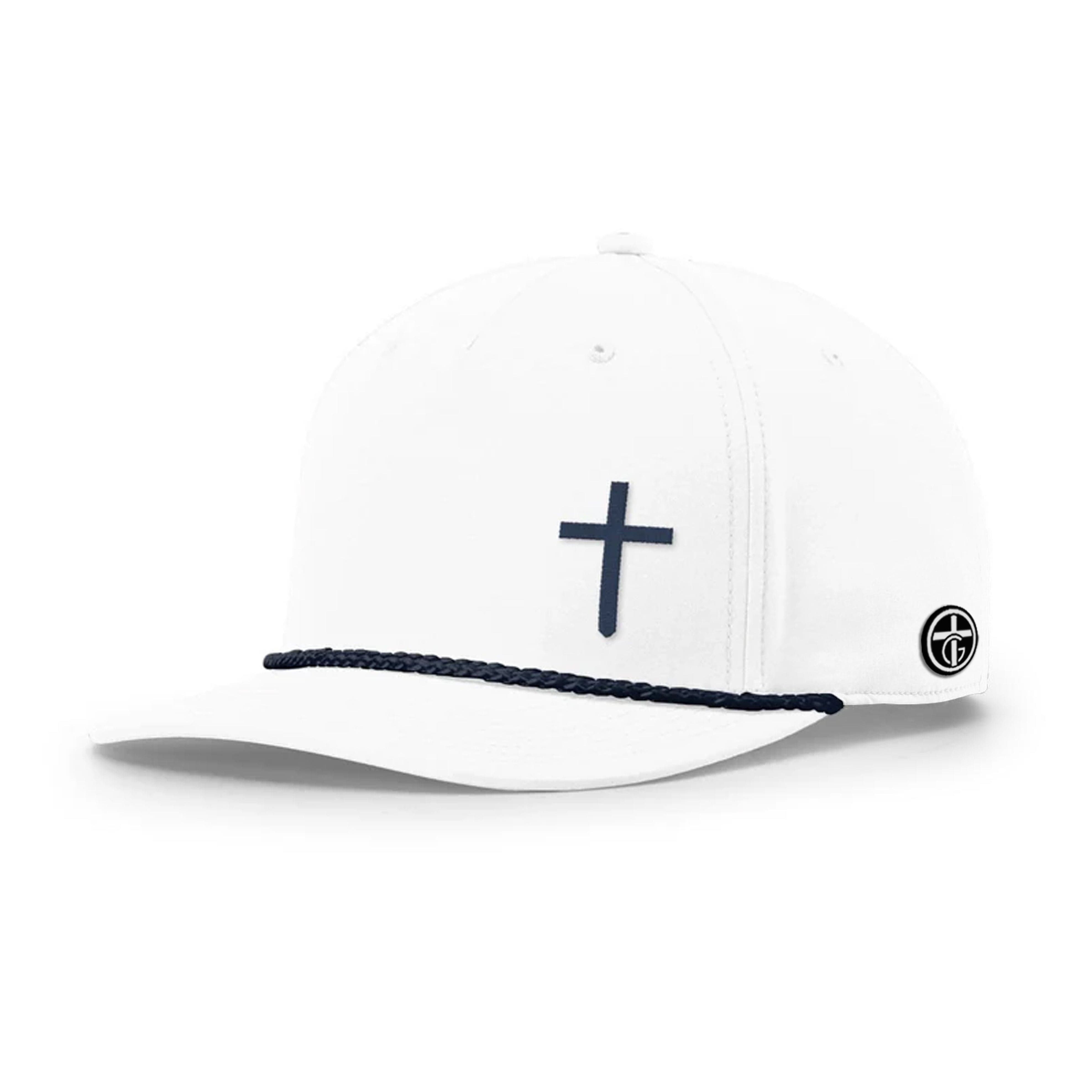 OurTrueGod Customs Hat Five Panel Classic / White and Navy / One Size Cross Lower Left Rope Hats