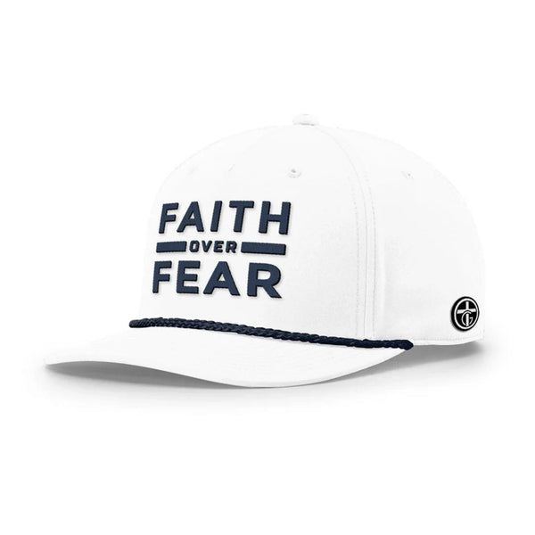 Faith Over Fear Rope Hat, Five Panel Classic in White and Navy