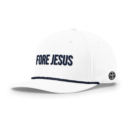 FORE JESUS Rope Hat, Five Panel Classic in White and Navy