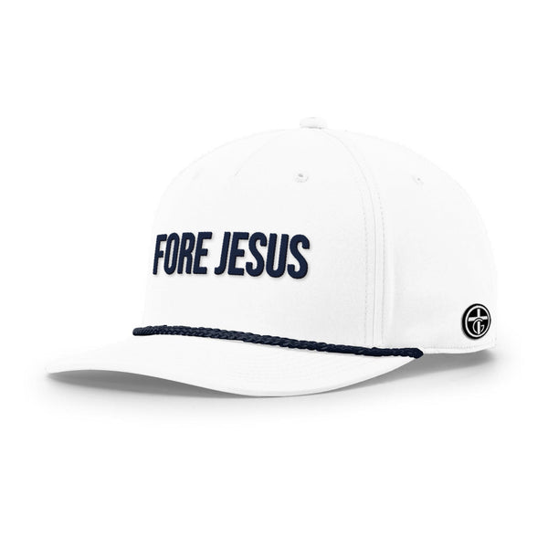 FORE JESUS Rope Hat, Five Panel Classic in White and Navy