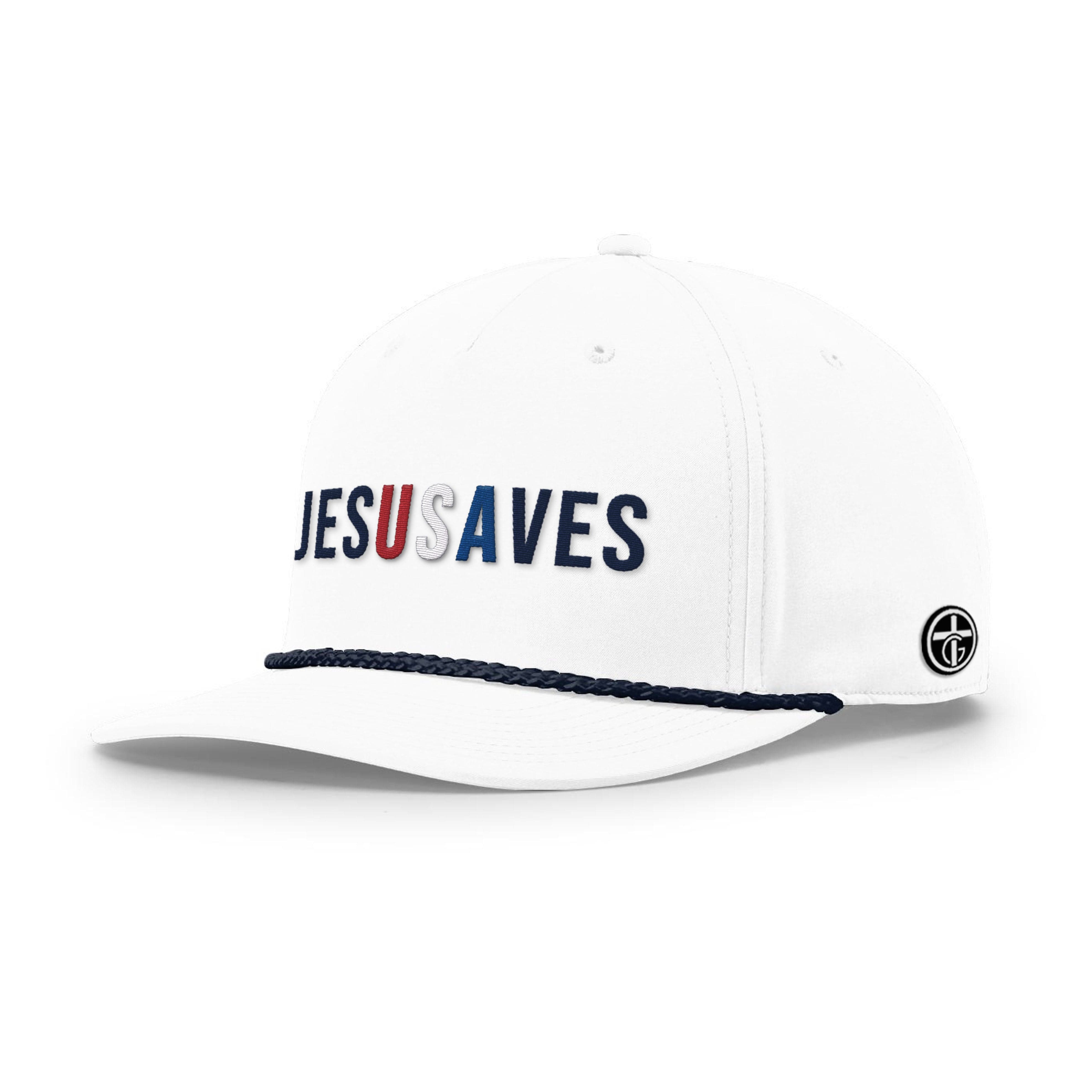 OurTrueGod Customs Hat Five Panel Classic / White and Navy / One Size JESUSAVES Rope Hats