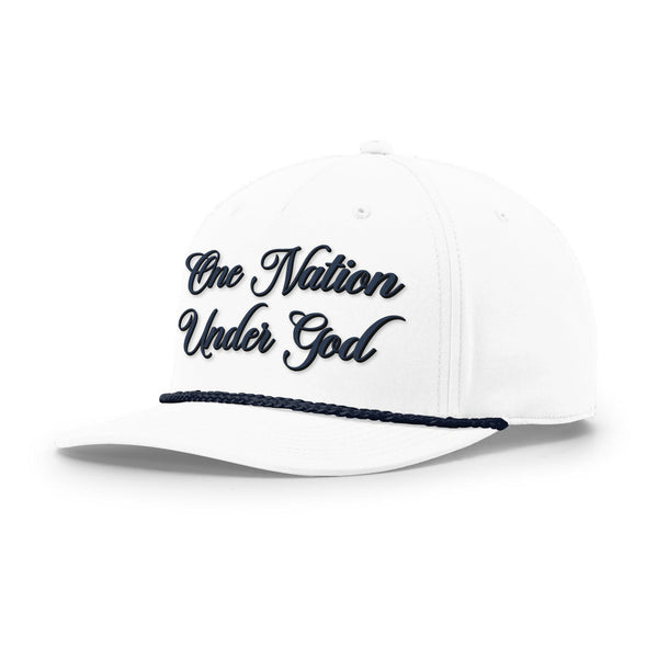 One Nation Under God Script Rope Hat, Five Panel Classic in White and Navy