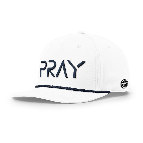PRAY Rope Hat, Five Panel Classic in White and Navy