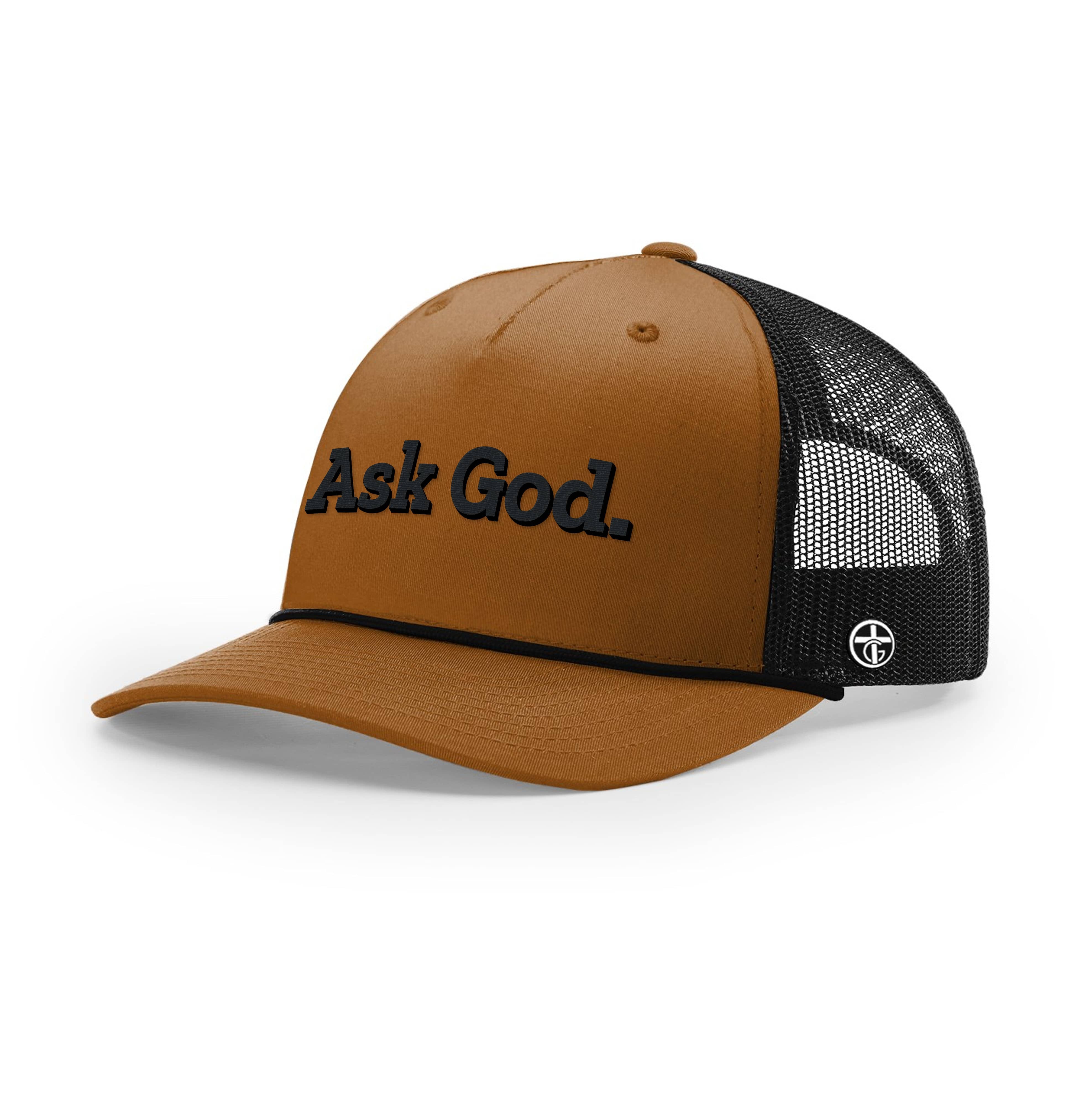 OurTrueGod Customs Hat Five Panel Trucker with Rope / Caramel and Black / One Size Ask God. Rope Trucker Hats